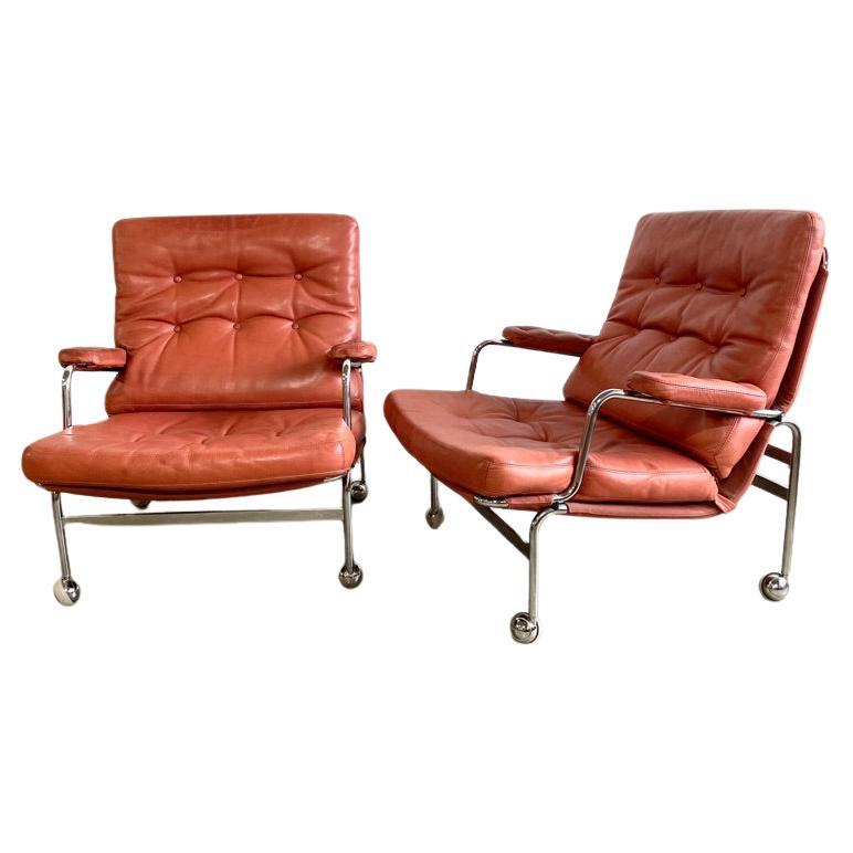 Pair Mid Century Modern "Karin" Chairs by Bruno Mathsson Chrome and Leather For Sale