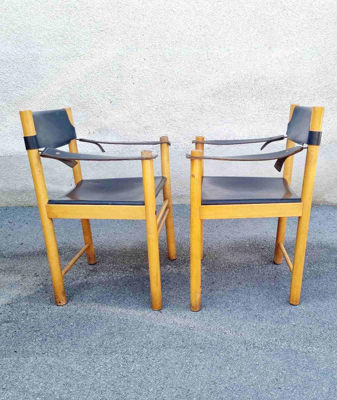 Pair Mid-Century Modern Leather and Wood Armchairs by Ibisco Sedie, Italy 60s en venta 3