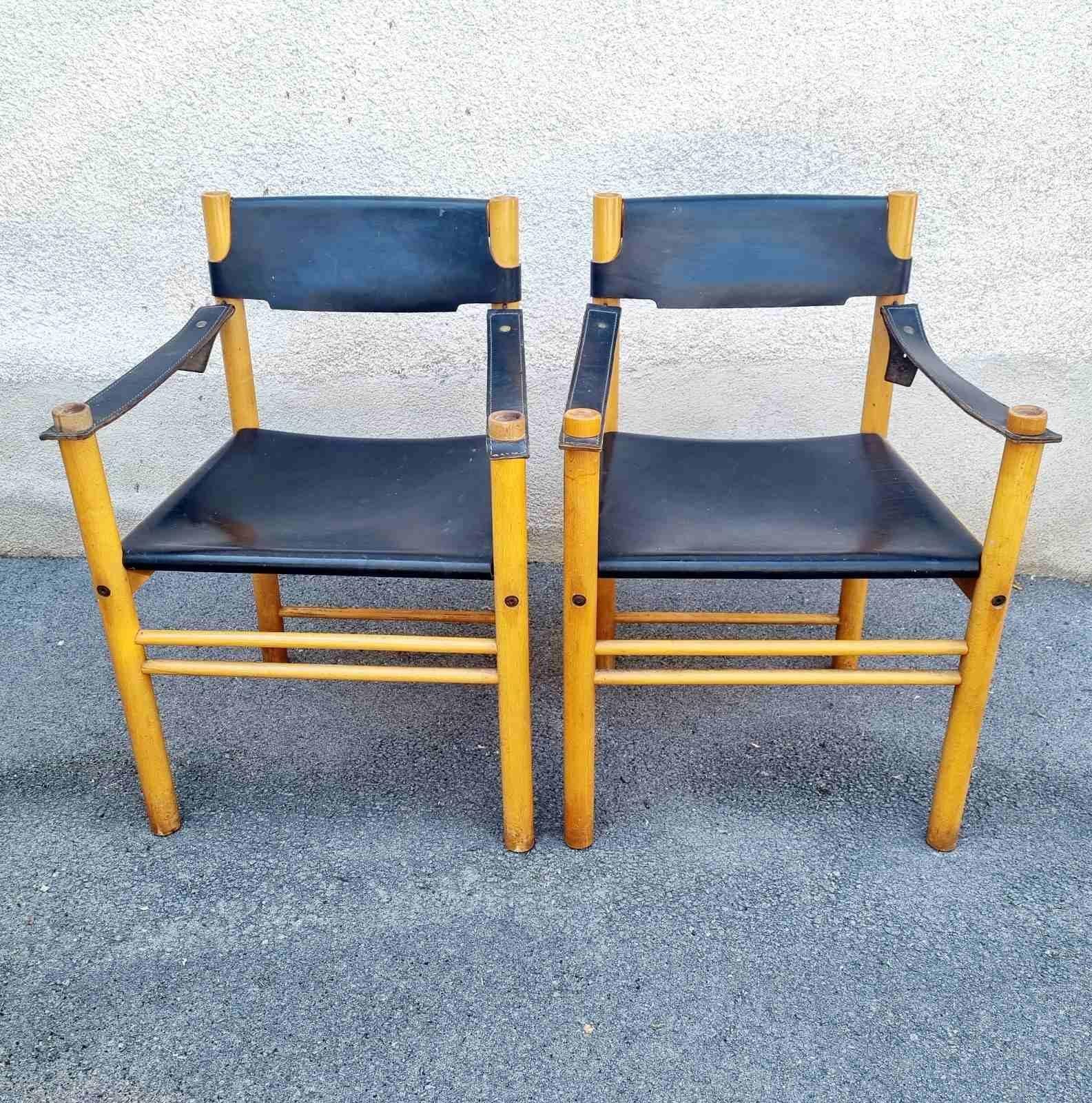 Pair Mid-Century Modern Leather and Wood Armchairs by Ibisco Sedie, Italy 60s en venta 4