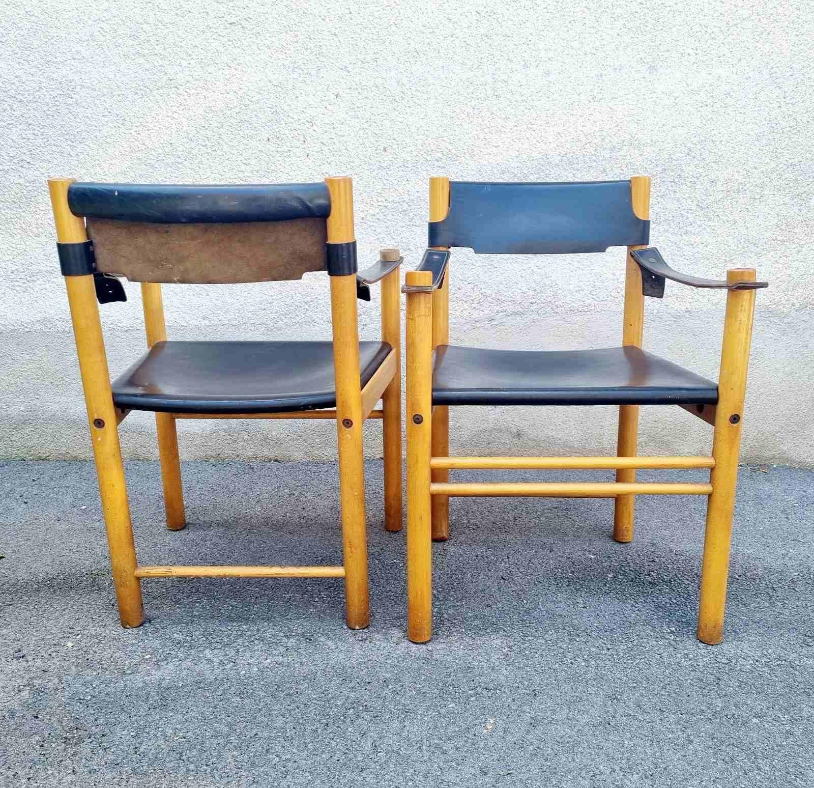 Pair Mid-Century Modern Leather and Wood Armchairs by Ibisco Sedie, Italy 60s en venta 5