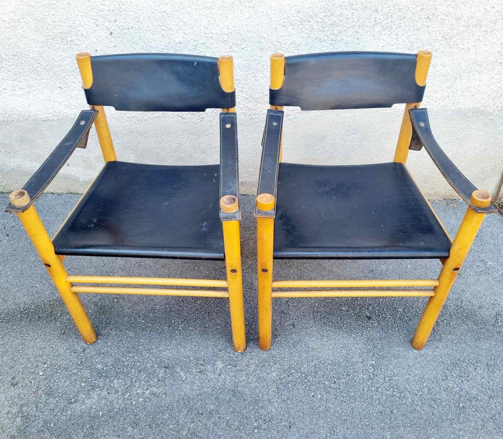 Pair Mid-Century Modern Leather and Wood Armchairs by Ibisco Sedie, Italy 60s en venta 7
