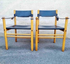 Pair Mid-Century Modern Leather and Wood Armchairs by Ibisco Sedie, Italy 60s