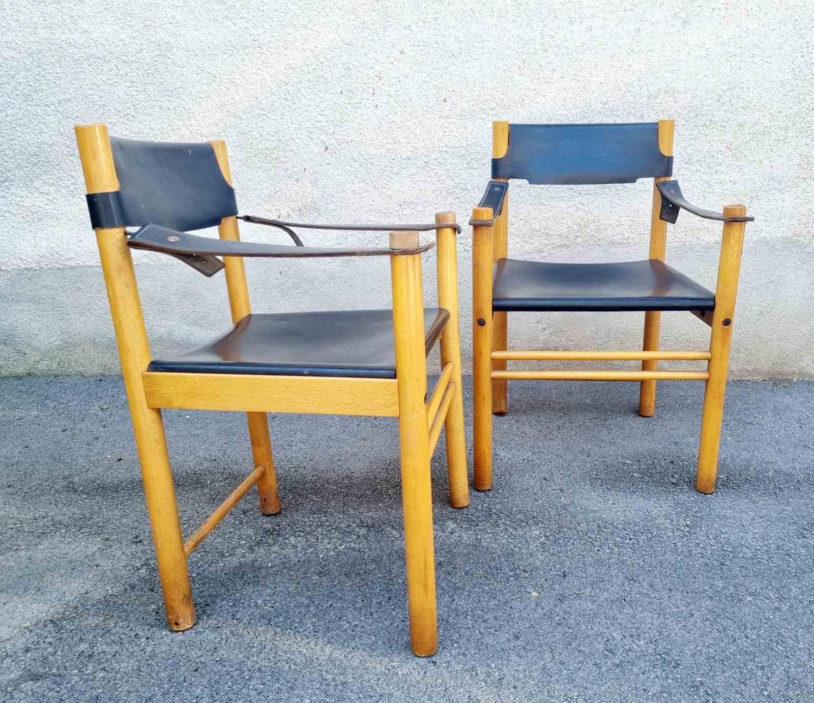 Pair Mid-Century Modern Leather and Wood Armchairs by Ibisco Sedie, Italy 60s Moderno de mediados de siglo en venta