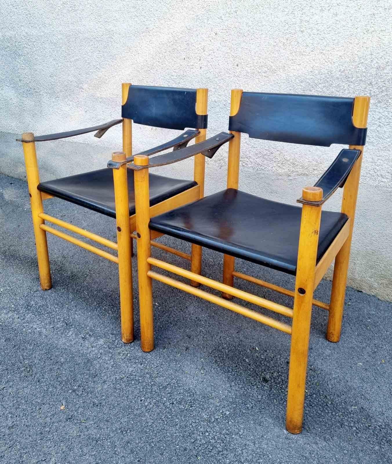 Pair Mid-Century Modern Leather and Wood Armchairs by Ibisco Sedie, Italy 60s Italiano en venta