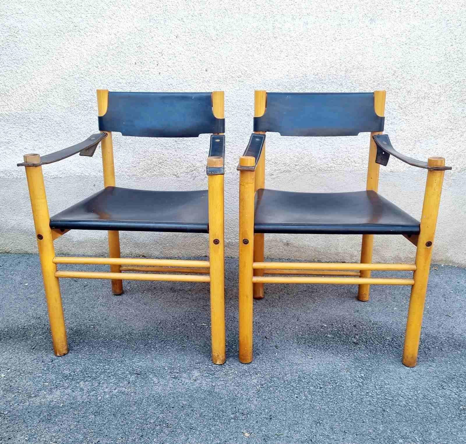 Pair Mid-Century Modern Leather and Wood Armchairs by Ibisco Sedie, Italy 60s en Bueno estado para la venta en Lucija, SI