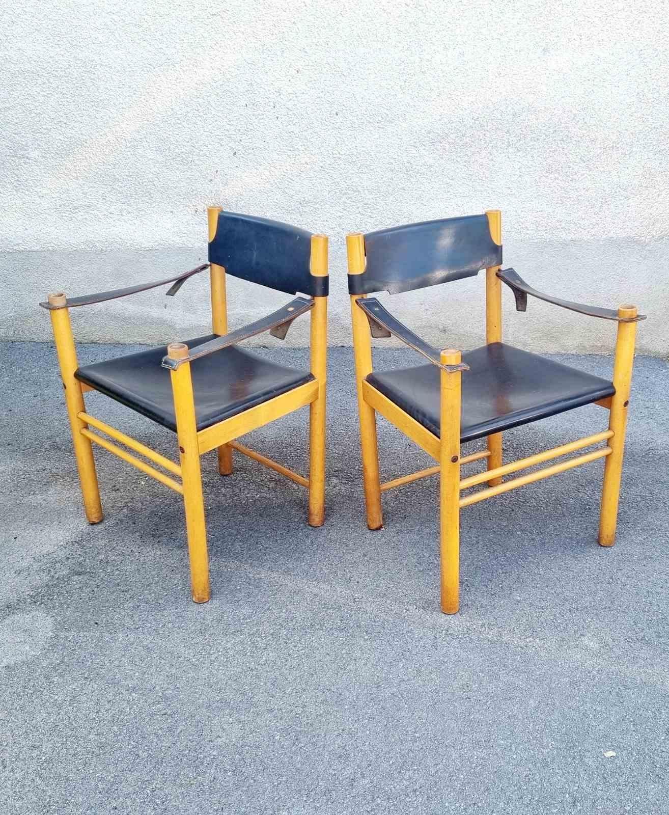 Pair Mid-Century Modern Leather and Wood Armchairs by Ibisco Sedie, Italy 60s mediados del siglo XX en venta