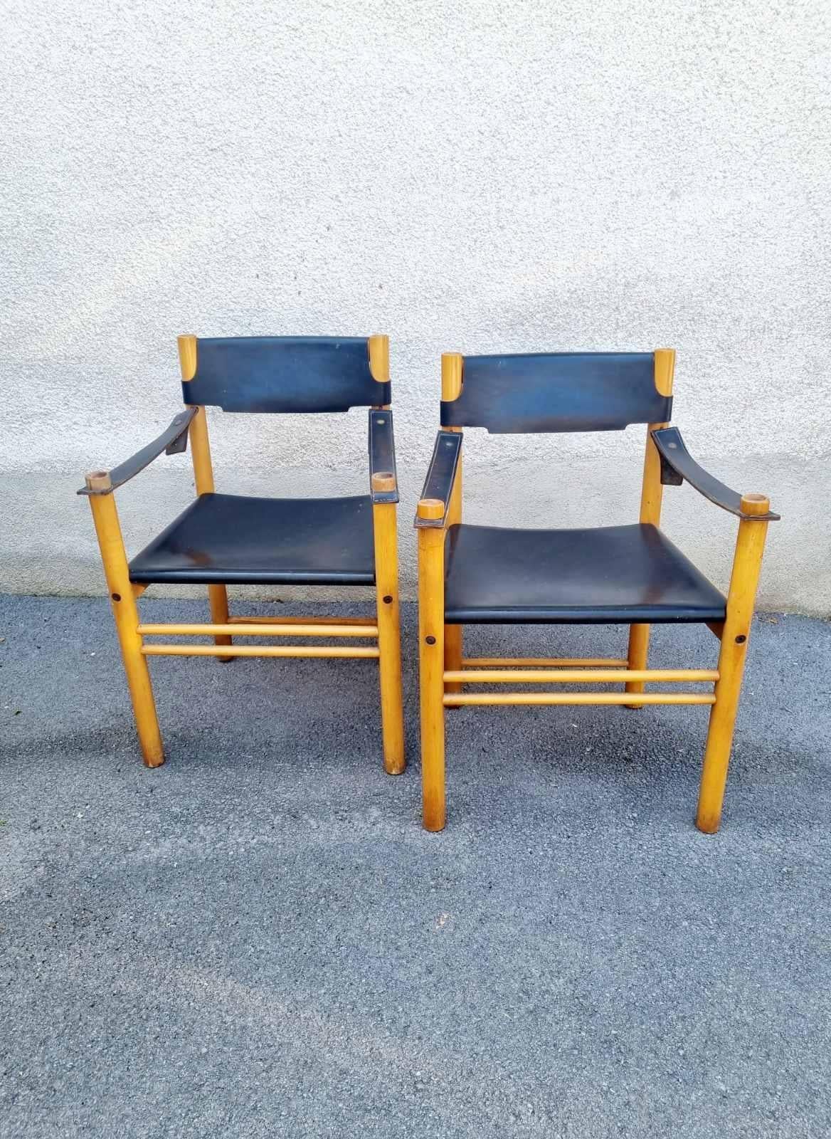 Pair Mid-Century Modern Leather and Wood Armchairs by Ibisco Sedie, Italy 60s Cuero en venta