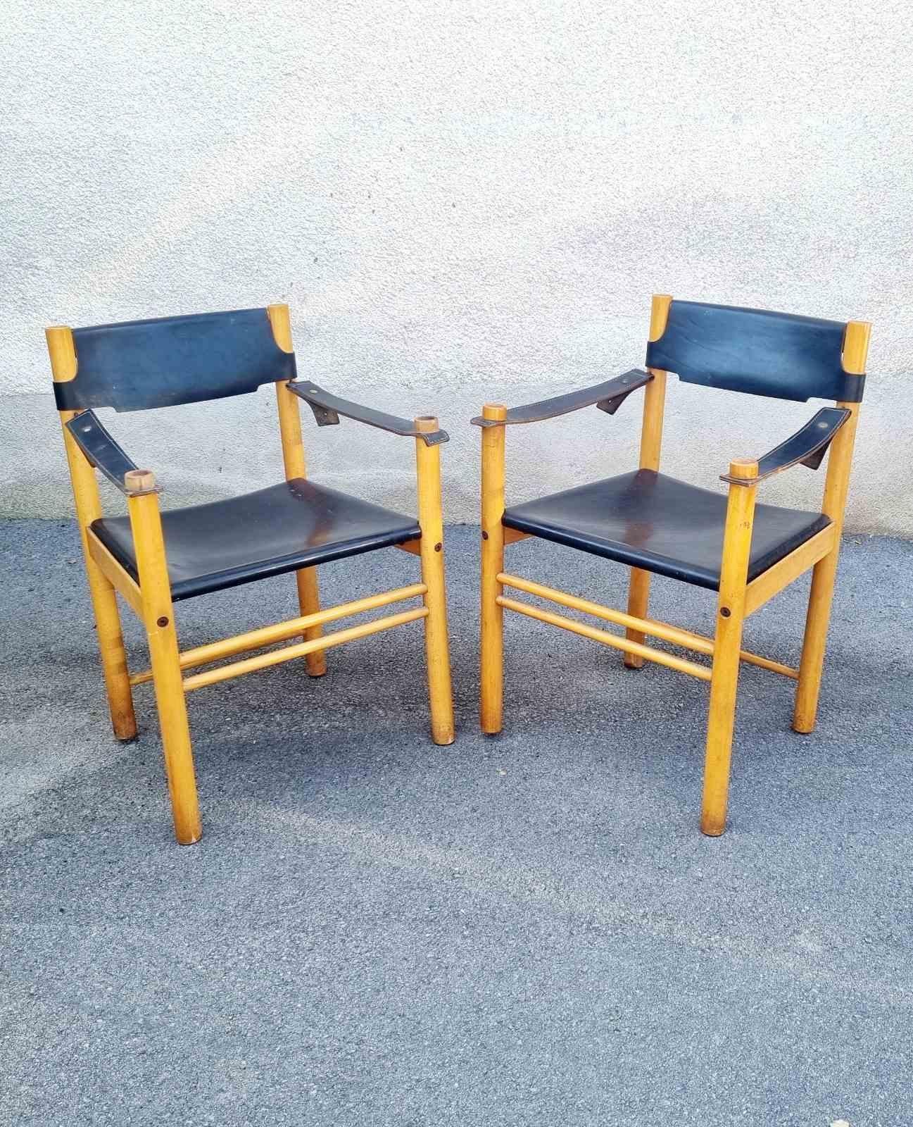 Pair Mid-Century Modern Leather and Wood Armchairs by Ibisco Sedie, Italy 60s en venta 2