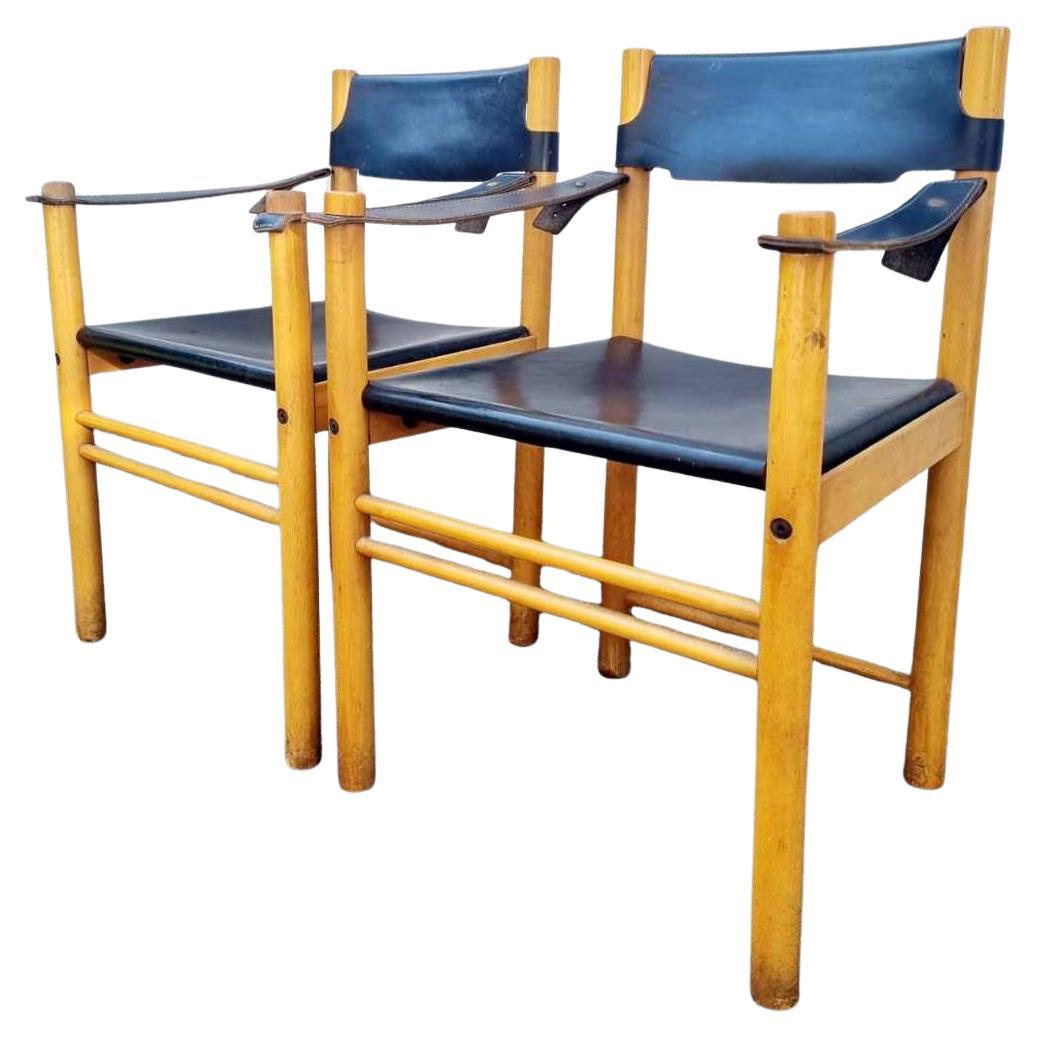 Pair Mid-Century Modern Leather and Wood Armchairs by Ibisco Sedie, Italy 60s en venta