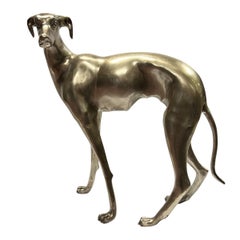 Pair Mid-Century Modern Lifesize Silvered Bronze Greyhound Sculptures
