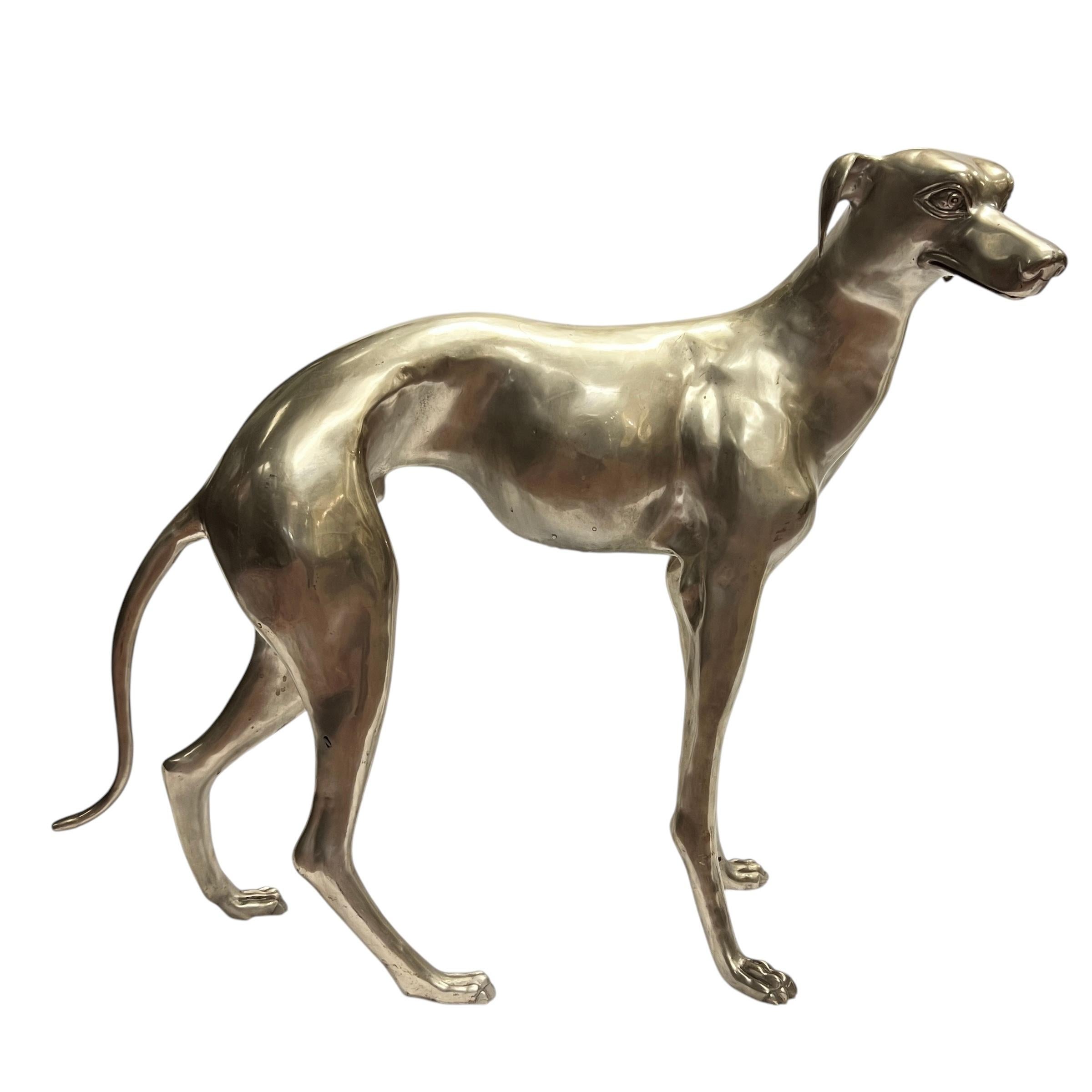 Pair Mid-Century Modern Lifesize Silvered Bronze Greyhound Sculptures In Good Condition For Sale In New York, NY