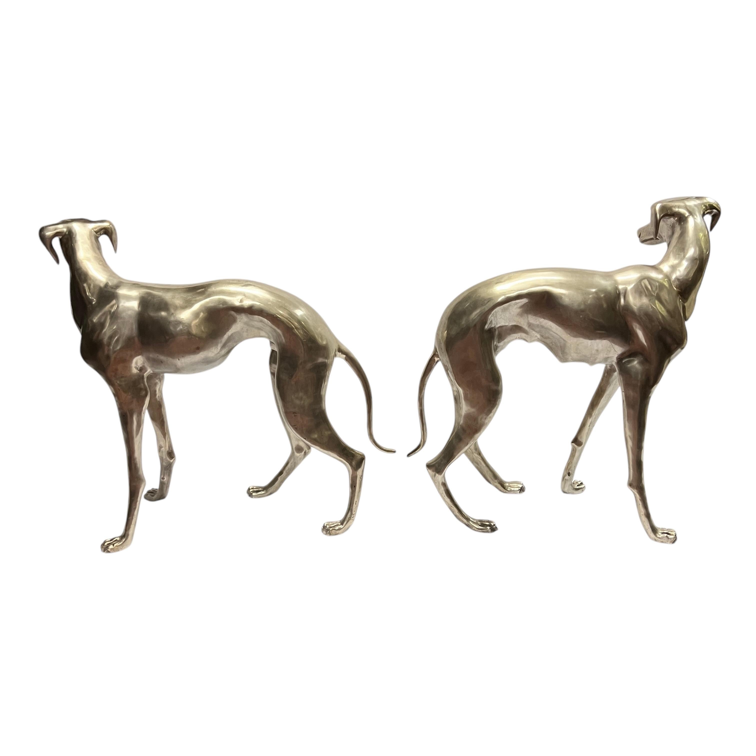 20th Century Pair Mid-Century Modern Lifesize Silvered Bronze Greyhound Sculptures For Sale