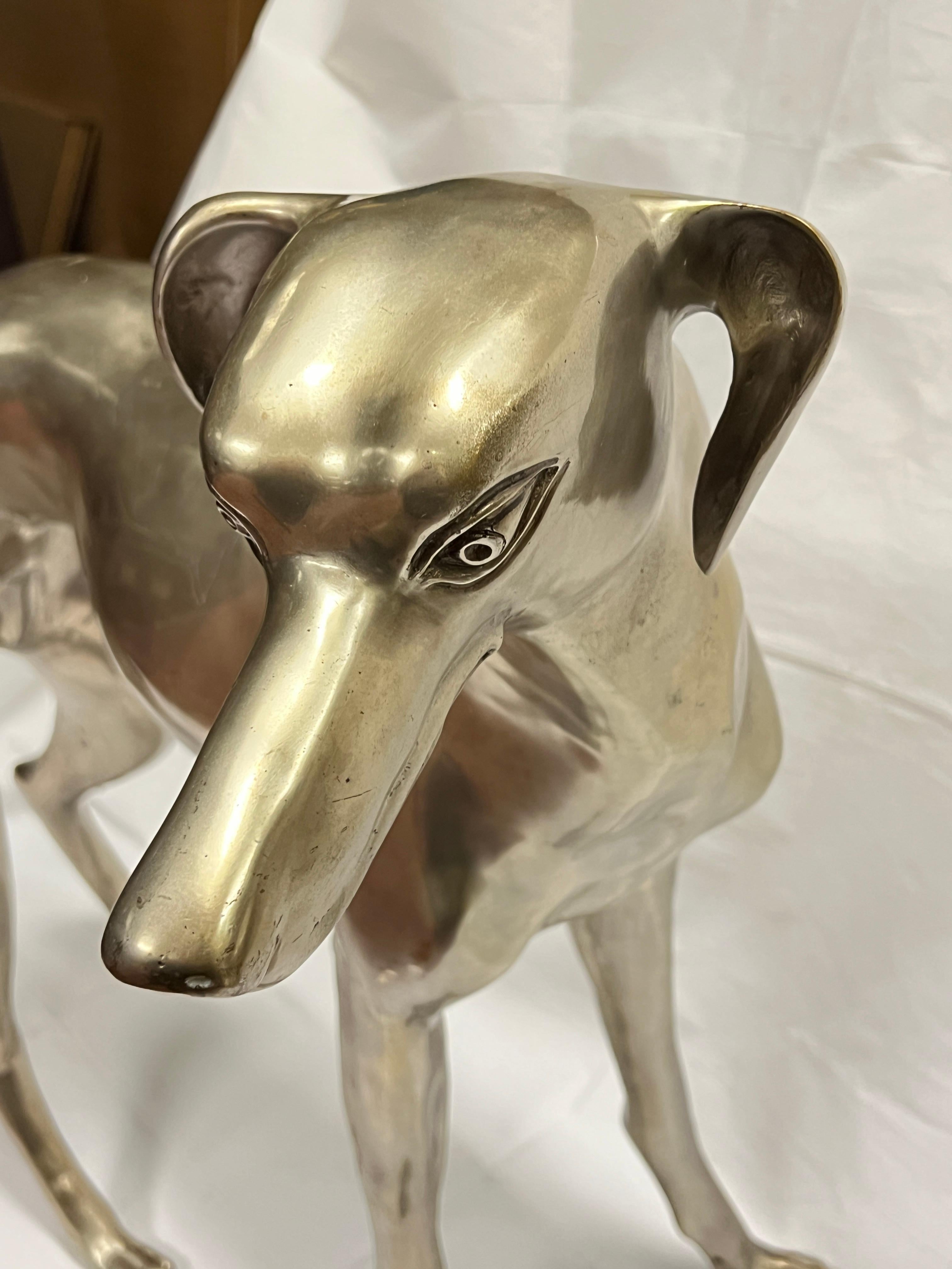 Pair Mid-Century Modern Lifesize Silvered Bronze Greyhound Sculptures For Sale 3