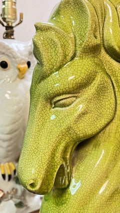 Pair Mid-Century Modern Lime Green Glazed Pottery Stylized Horse Table Lamps