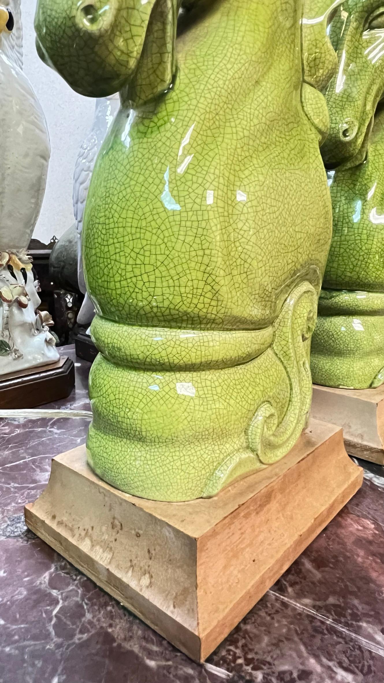 American Pair Mid-Century Modern Lime Green Glazed Pottery Stylized Horse Table Lamps