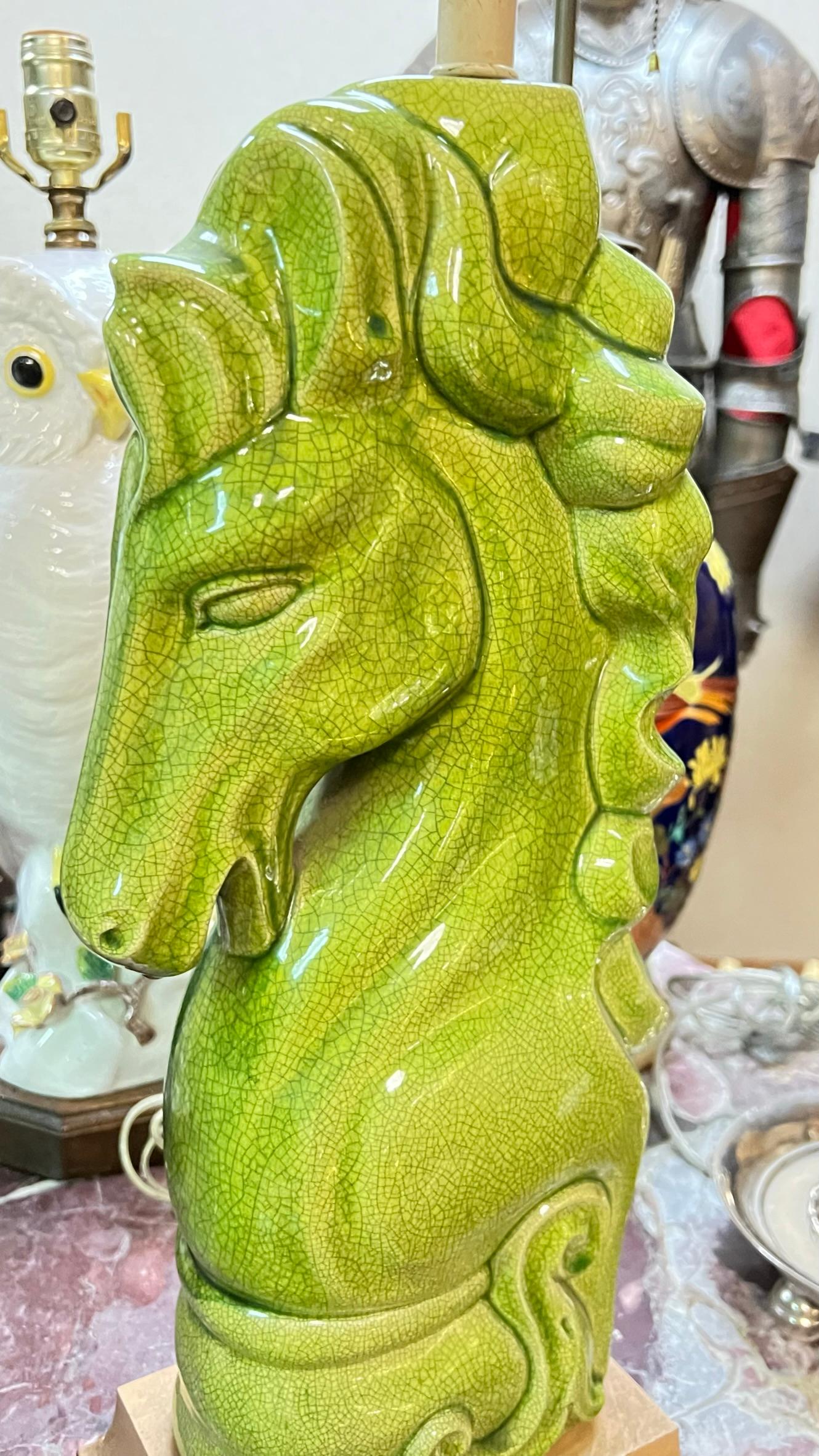 20th Century Pair Mid-Century Modern Lime Green Glazed Pottery Stylized Horse Table Lamps