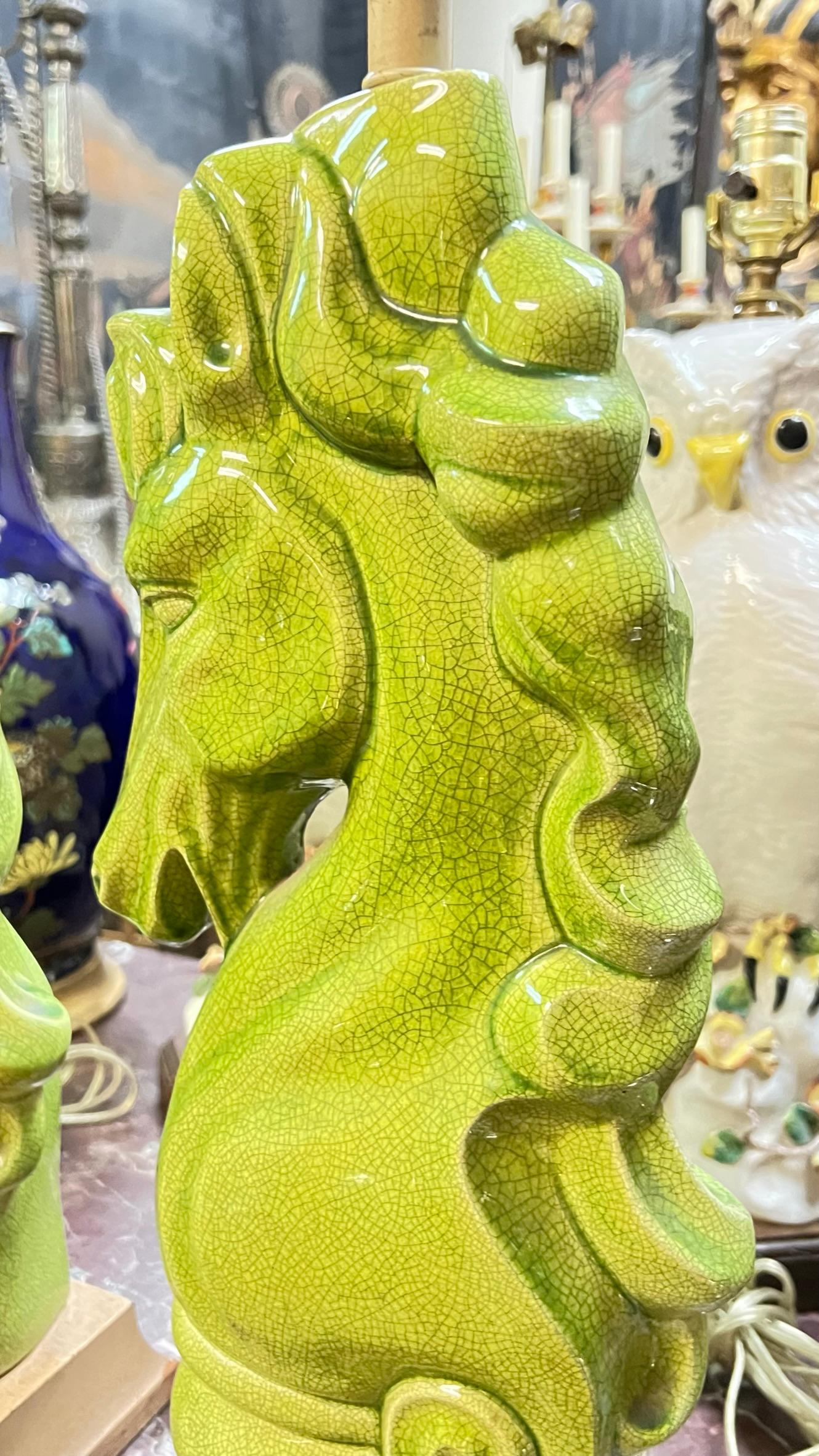 Pair Mid-Century Modern Lime Green Glazed Pottery Stylized Horse Table Lamps 1