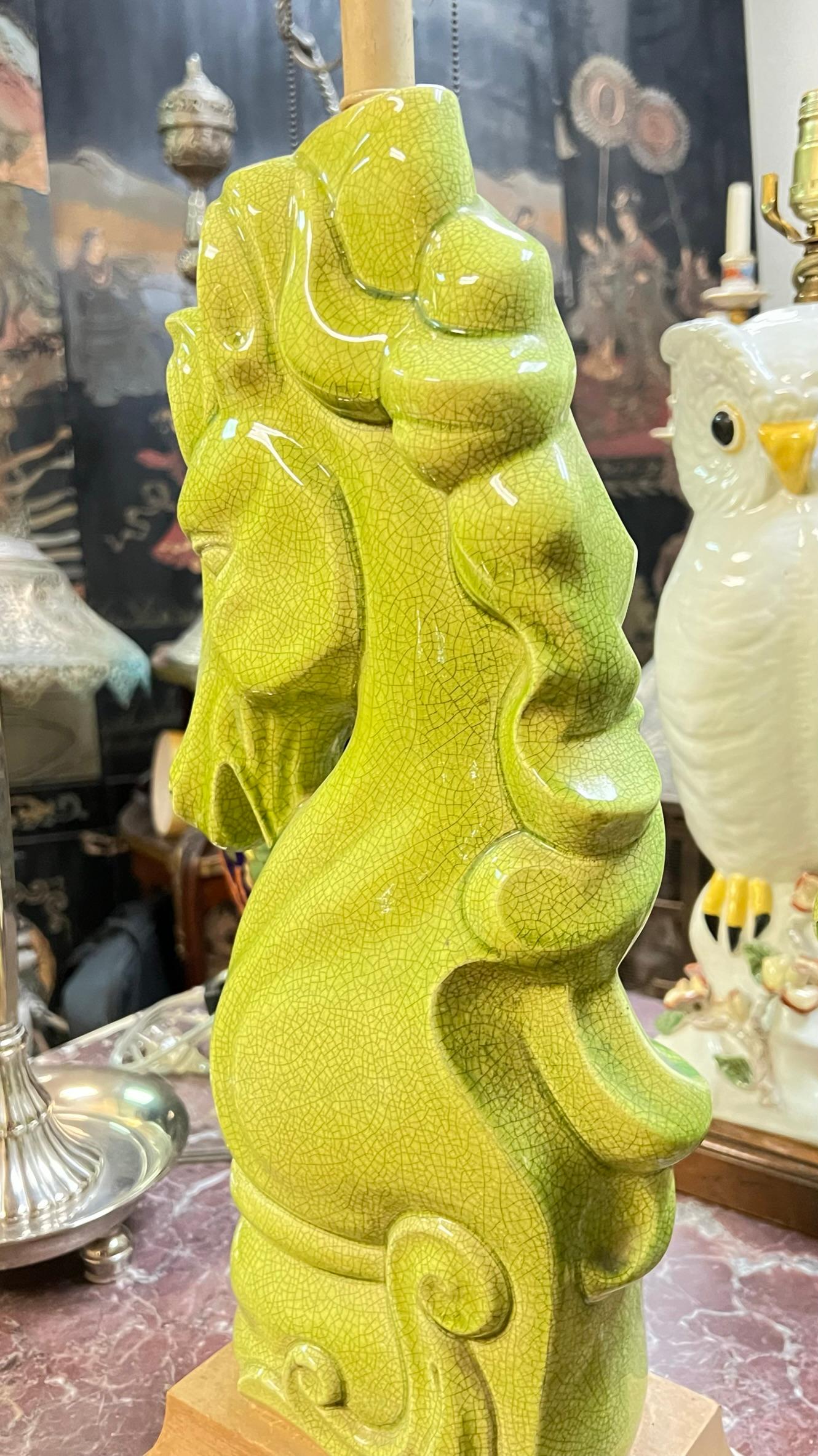 Pair Mid-Century Modern Lime Green Glazed Pottery Stylized Horse Table Lamps 2