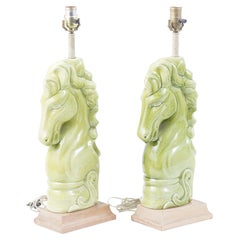 Vintage Pair Mid-Century Modern Lime Green Glazed Pottery Stylized Horse Table Lamps