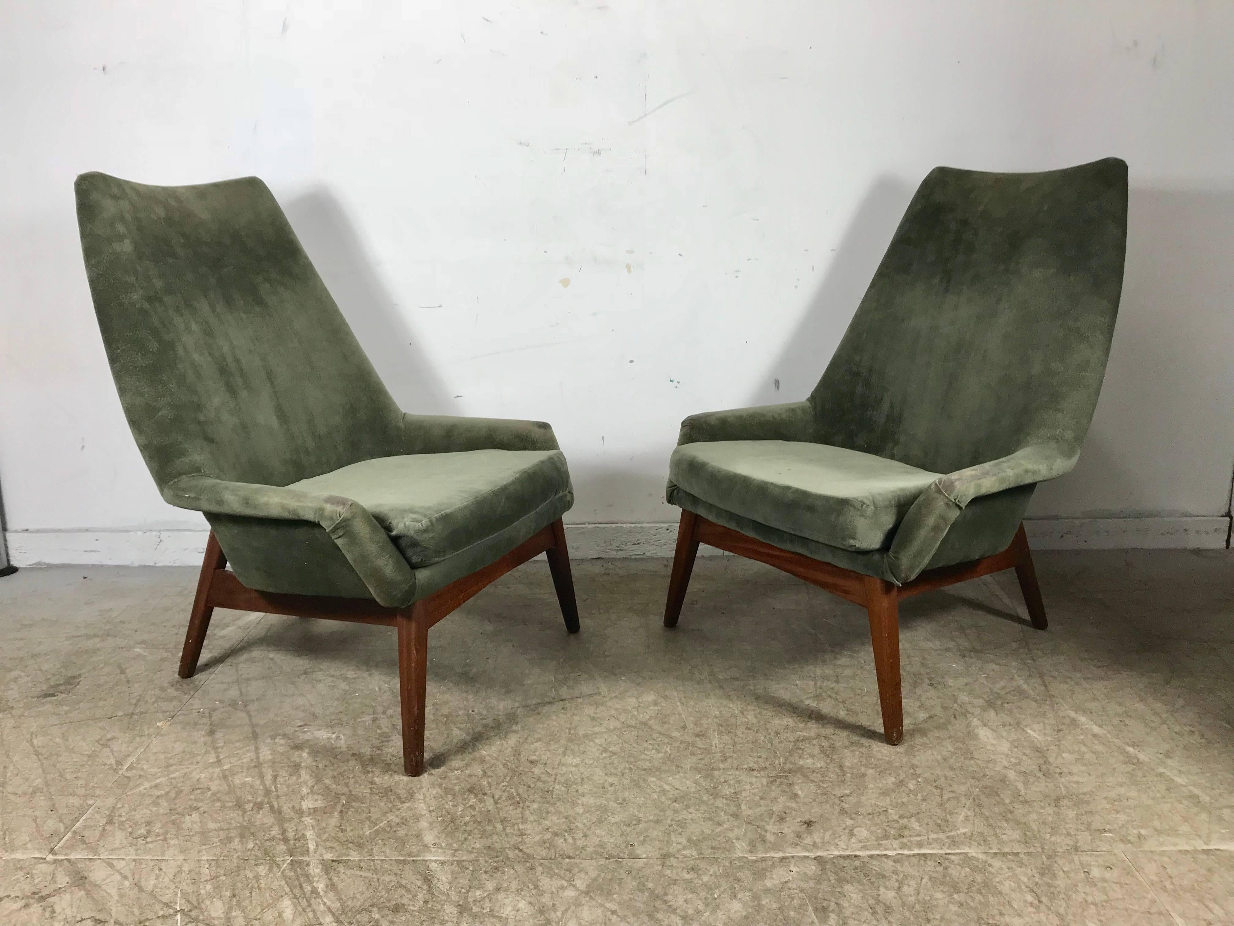 Pair of Mid-Century Modern lounge chairs by Jan Kuypers. Upholstered some time ago in a celadon green color suede. Super stylish and extremely comfortable, stunning teak wood base reminiscent of Classic designs by Adrian Pearsall, hand delivery