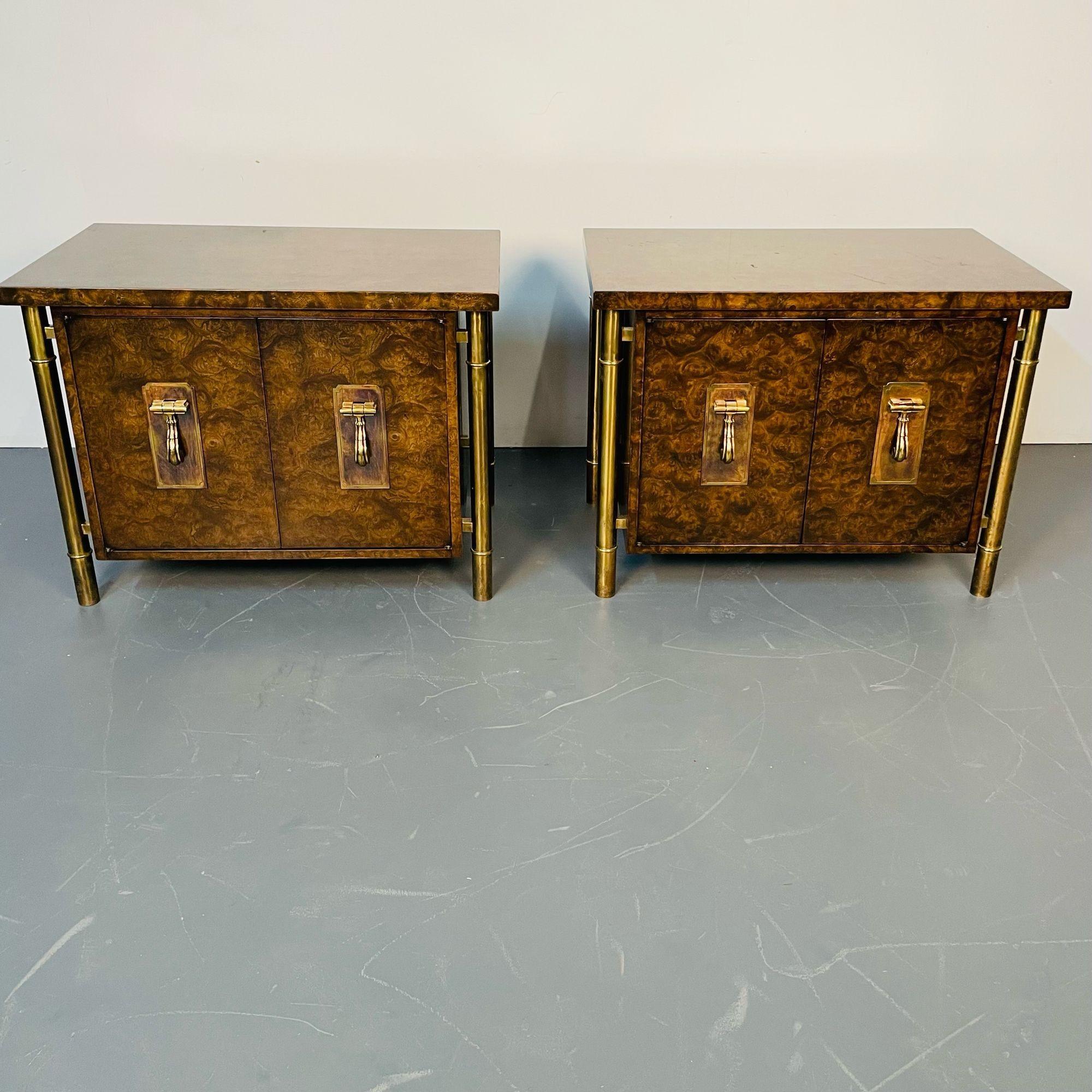 Pair Mid-Century Modern mastercraft nightstands, floating cabinets in Elm, Brass
 
Spectacular pair of nightstands by William Doezema for Mastercraft circa 1960s. The cabinets are comprised of a beautiful Carpathian elm with original brass