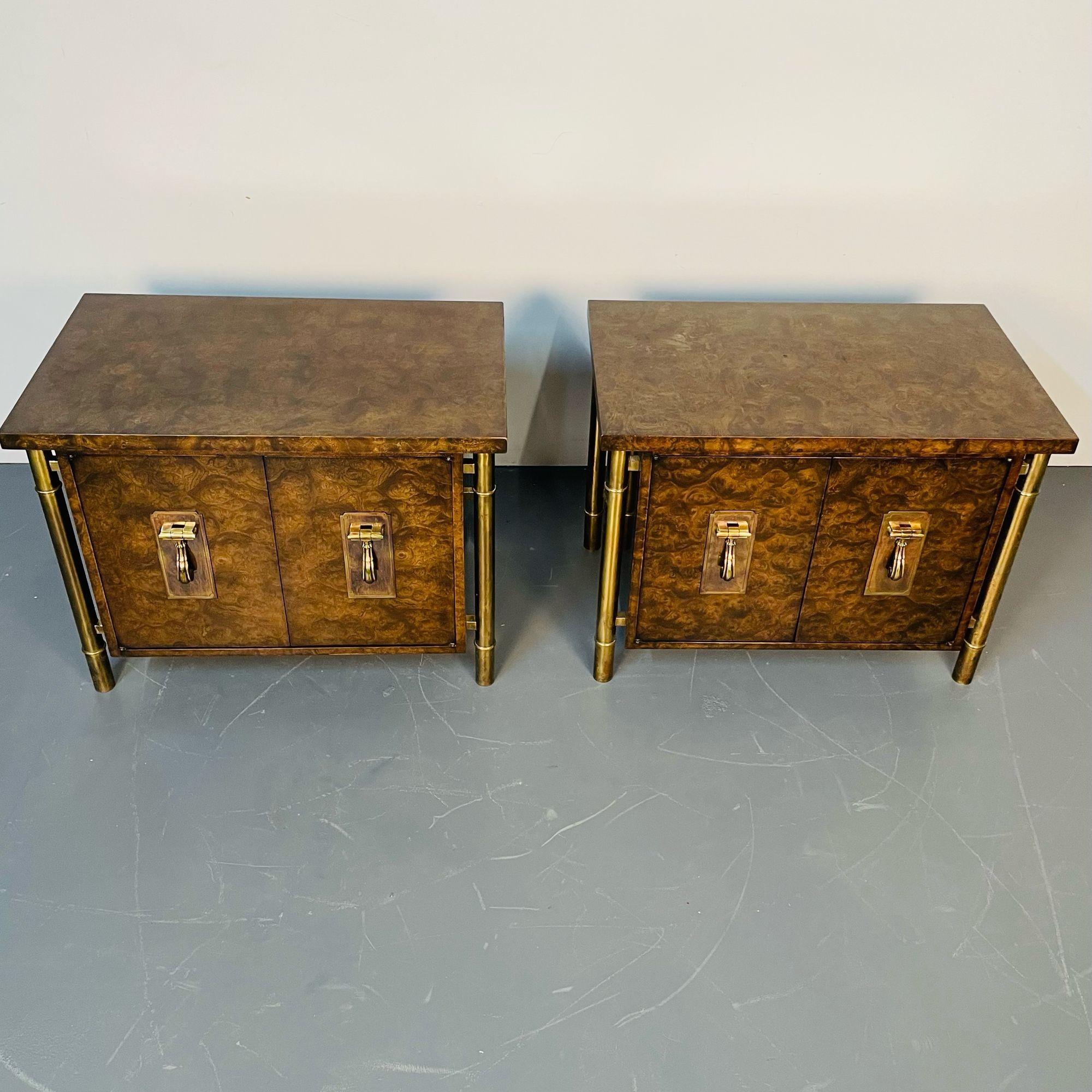 American Pair Mid-Century Modern Mastercraft Nightstands, Floating Cabinets in Elm, Brass For Sale