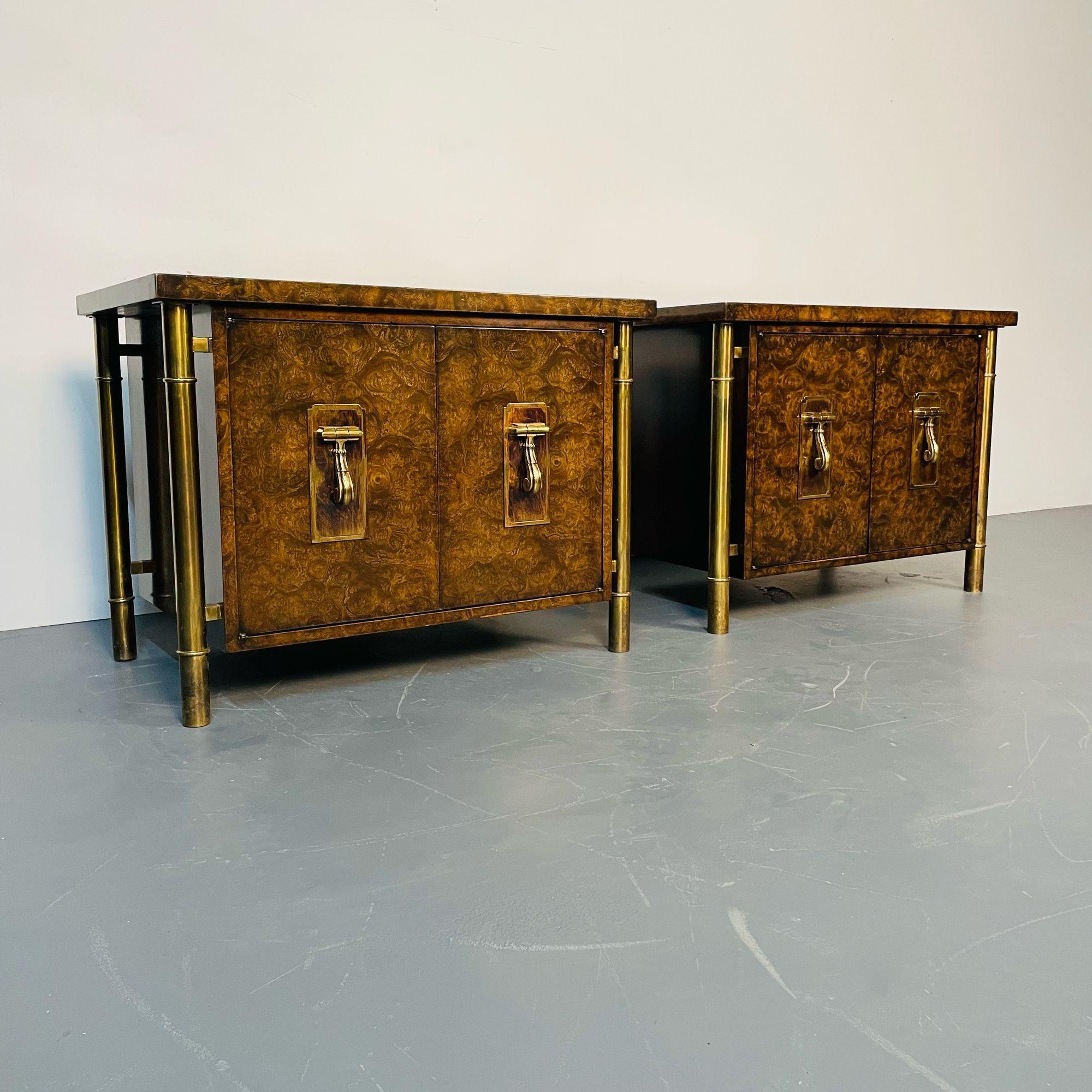 Pair Mid-Century Modern Mastercraft Nightstands, Floating Cabinets in Elm, Brass In Good Condition For Sale In Stamford, CT