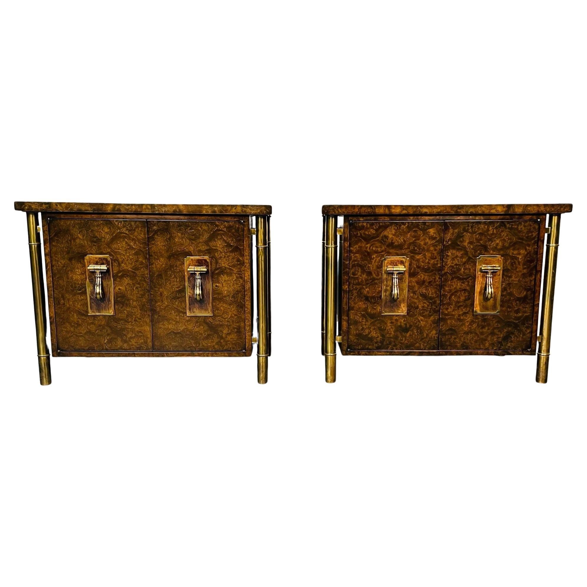 Pair Mid-Century Modern Mastercraft Nightstands, Floating Cabinets in Elm, Brass For Sale