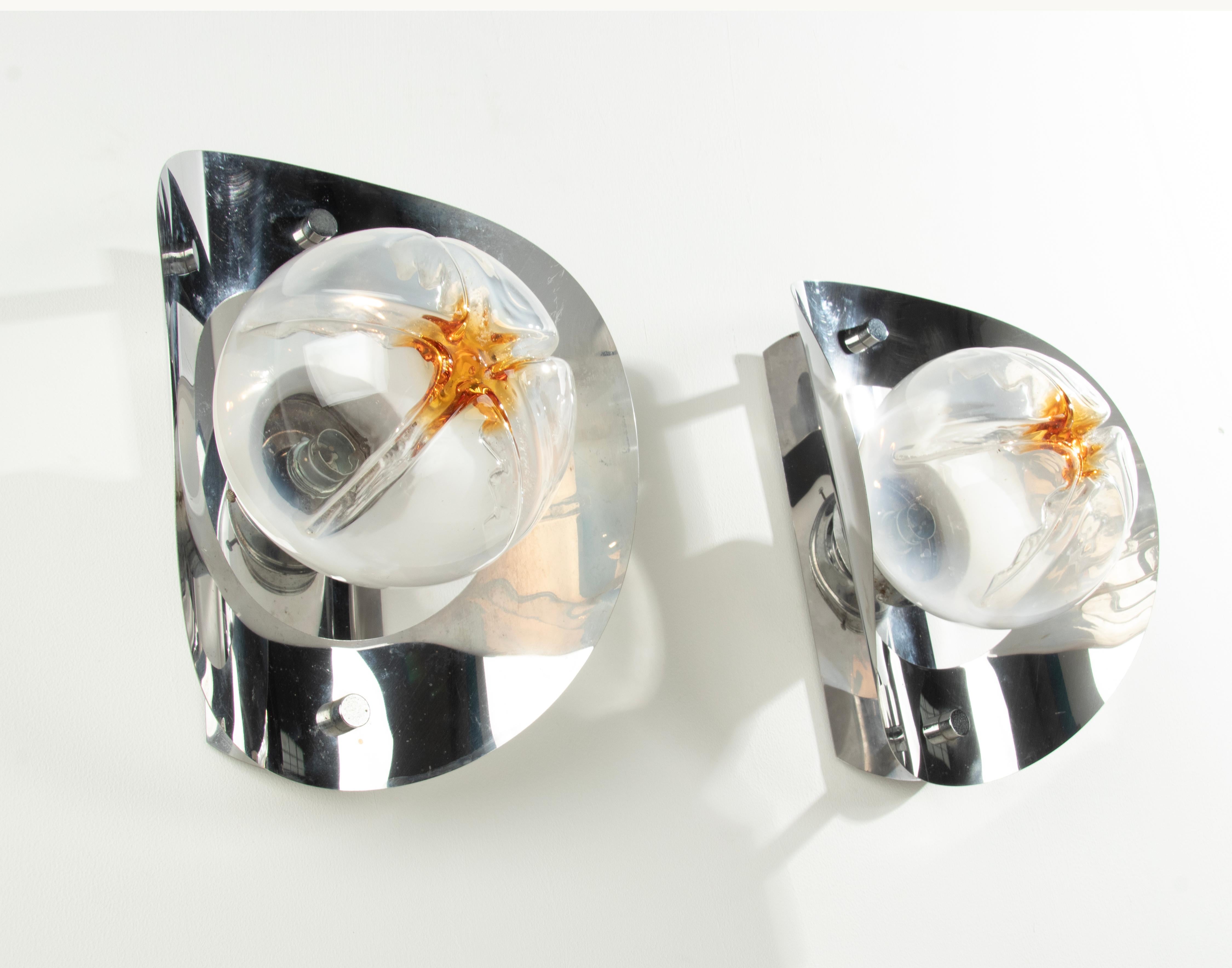 Pair Mid-Century Modern Mazzega Wall Sconces with Murano Lamp Glass Shades For Sale 7