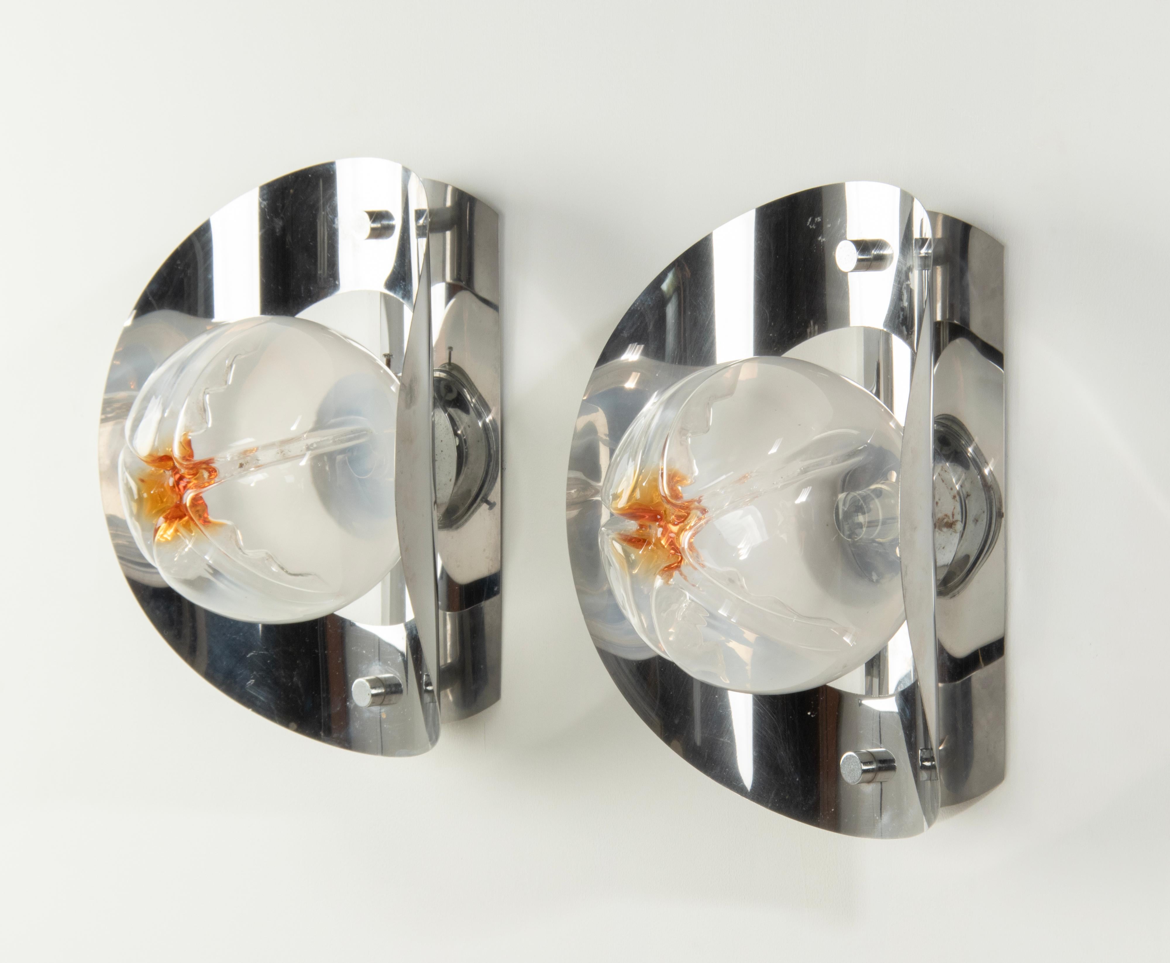 Pair Mid-Century Modern Mazzega Wall Sconces with Murano Lamp Glass Shades For Sale 9