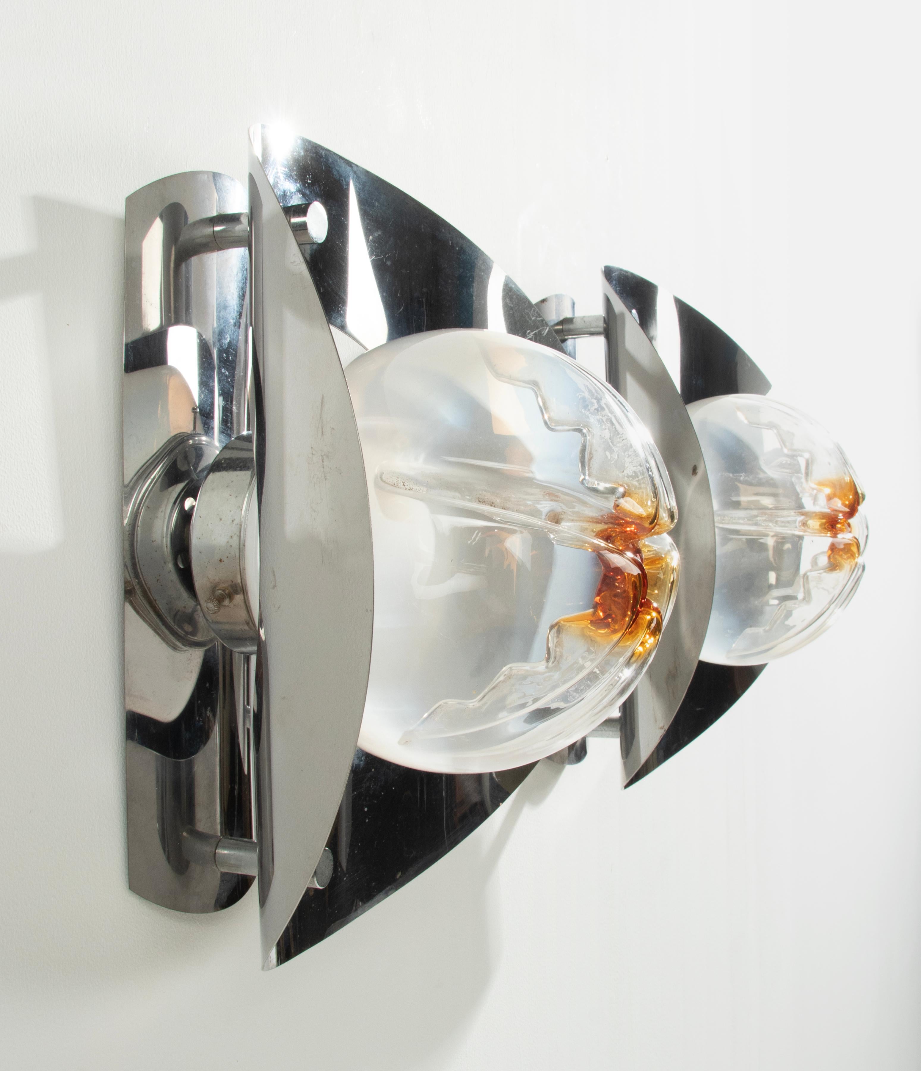 Italian Pair Mid-Century Modern Mazzega Wall Sconces with Murano Lamp Glass Shades For Sale