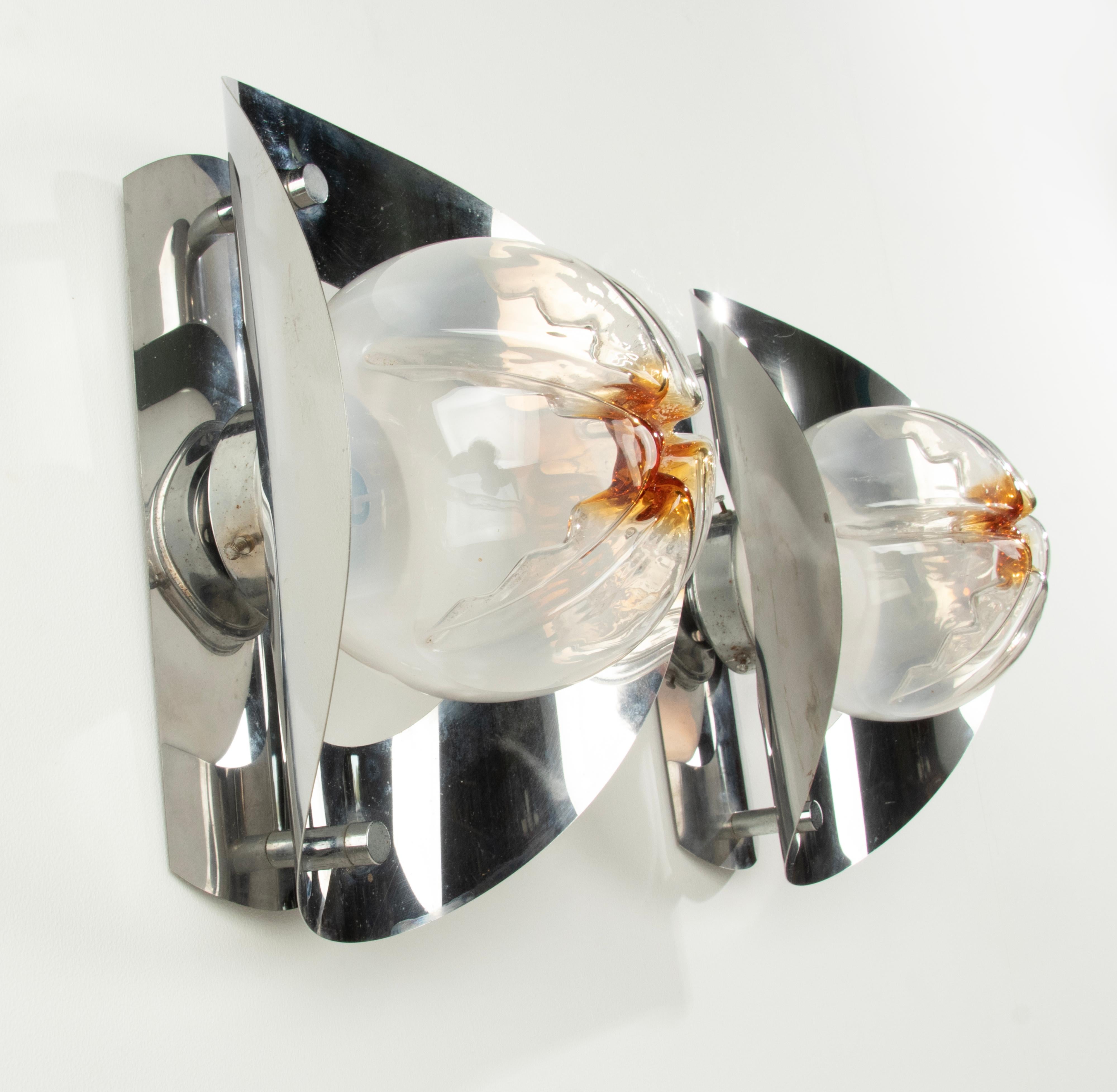 Mid-20th Century Pair Mid-Century Modern Mazzega Wall Sconces with Murano Lamp Glass Shades For Sale