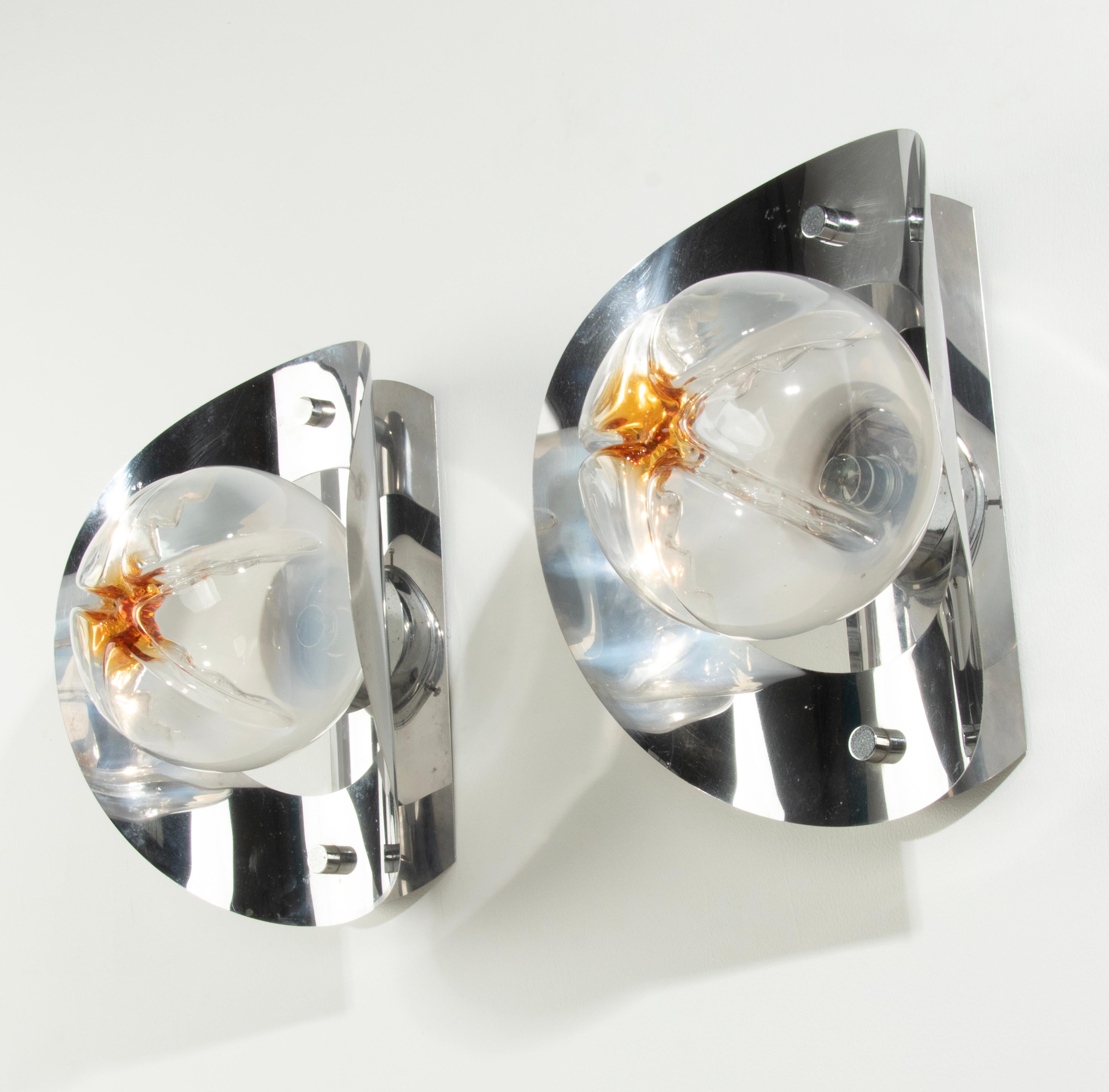 Metal Pair Mid-Century Modern Mazzega Wall Sconces with Murano Lamp Glass Shades For Sale