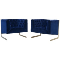 Pair Mid-Century Modern Milo Baughman Style Brass Cantilever Lounge Club Chairs