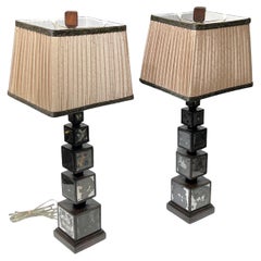 Pair Mid-Century Modern Mirrored Glass and Wooden Table Lamps