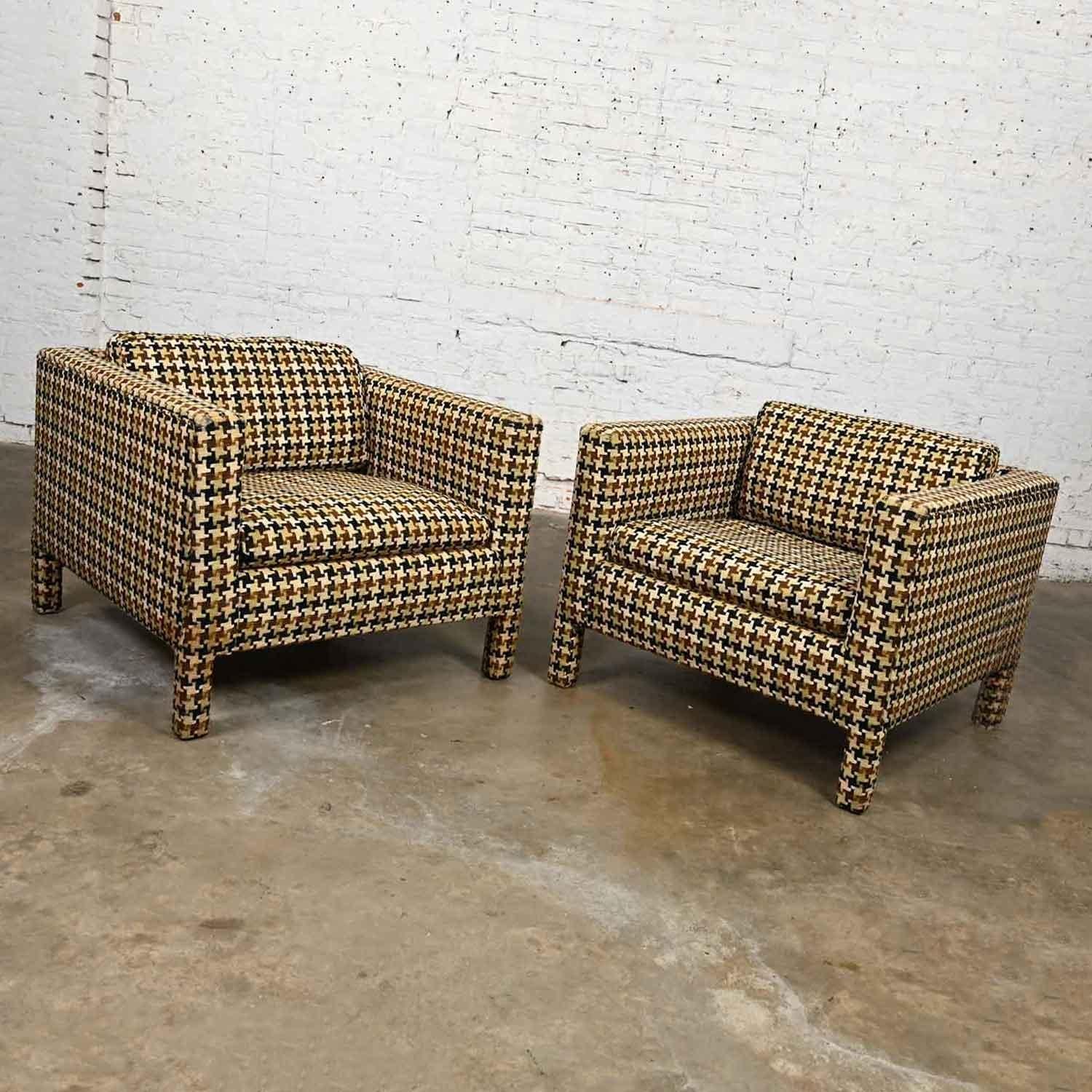 Pair Mid-Century Modern - Modern Parson’s Cube Club Chairs Houndstooth Fabric 6