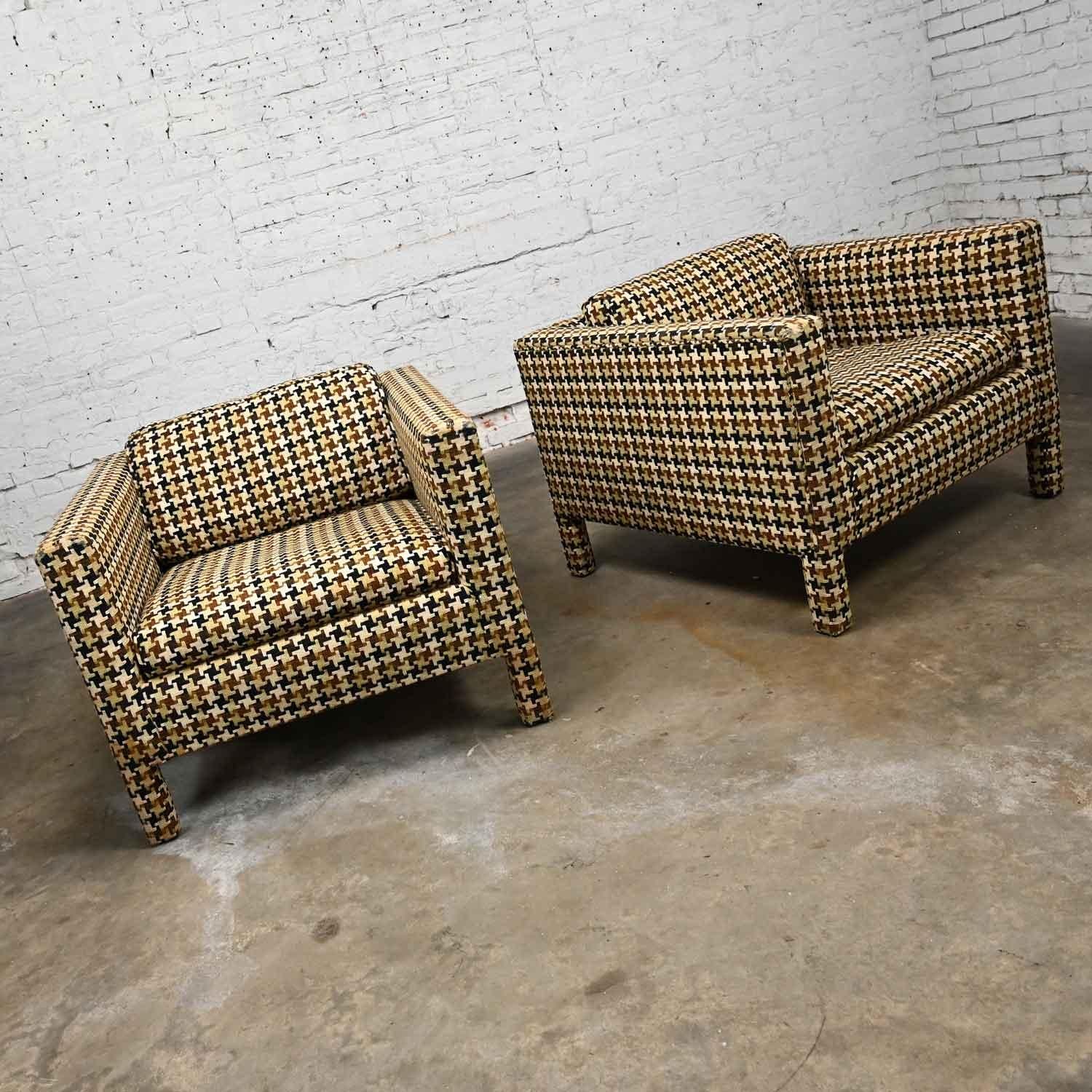 Pair Mid-Century Modern - Modern Parson’s Cube Club Chairs Houndstooth Fabric 7