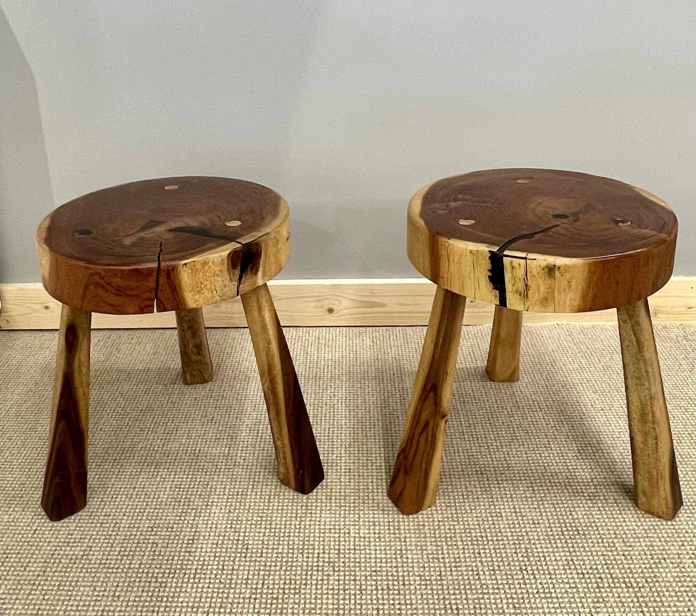 Pair Mid-Century Modern Nakashima Style Organic Wooden Two Stools / Side Tables
 
Organic form wooden stools from the 20th Century. American studio made, solid wood. These pieces can also work as low profile side tables.
 
Height: 14.5 in.
Diameter: