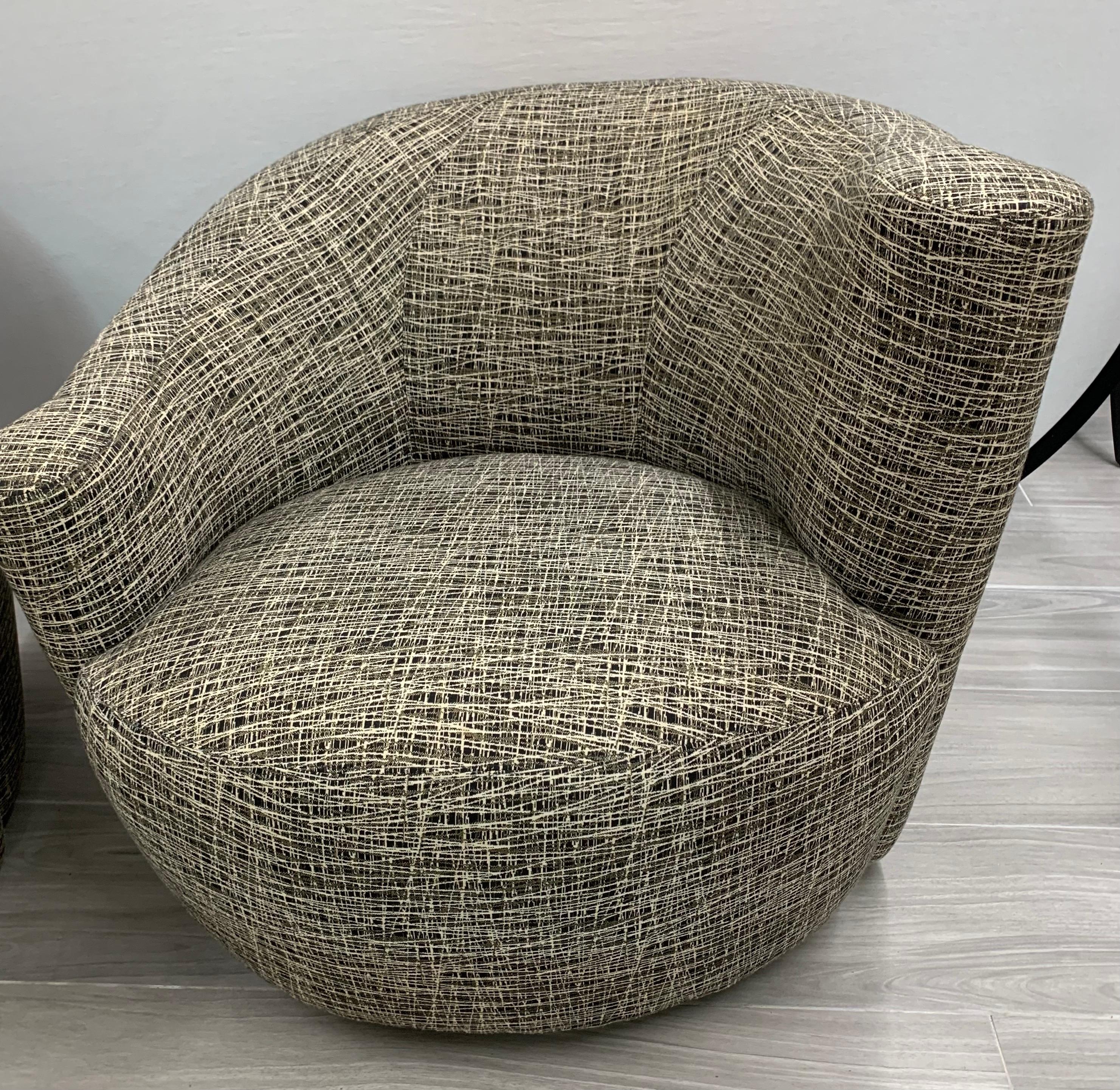 American Pair Mid-Century Modern Nautilus Swivel Chairs with New Abstract Upholstery For Sale