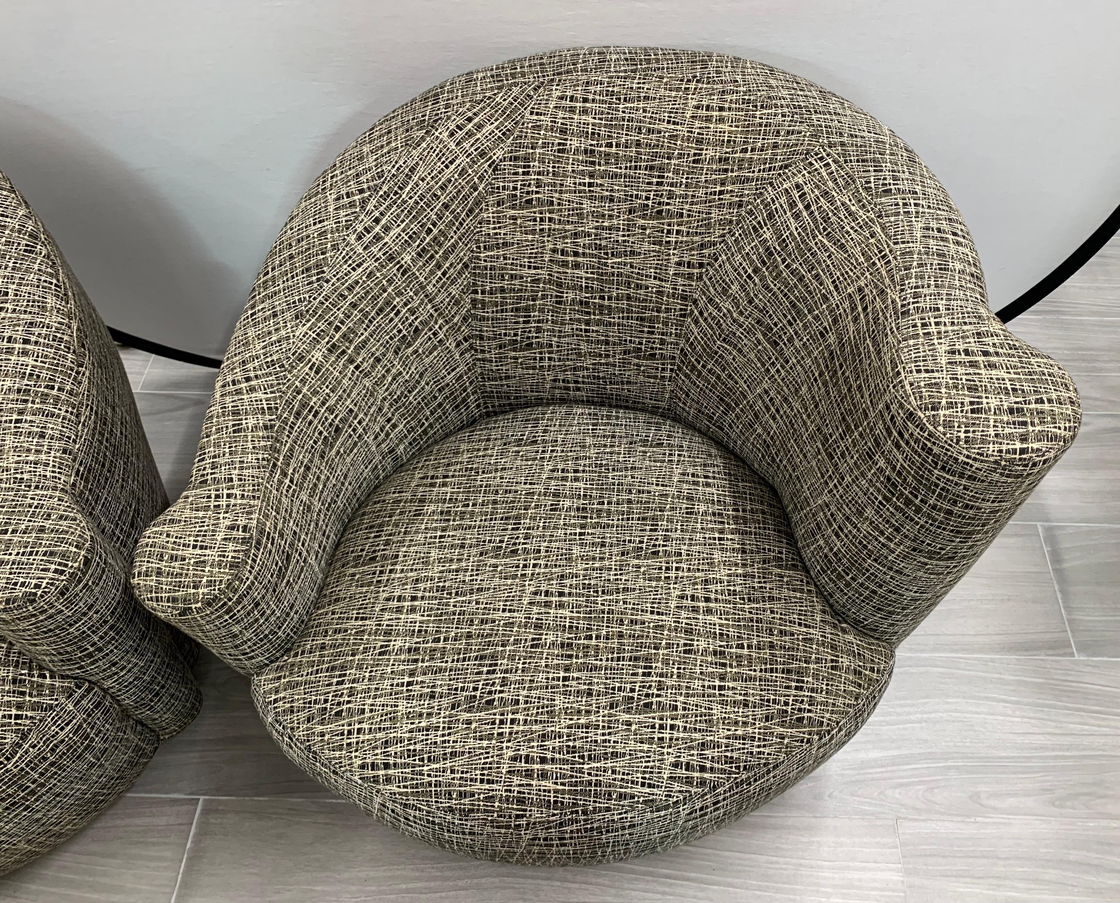 Pair Mid-Century Modern Nautilus Swivel Chairs with New Abstract Upholstery In Good Condition For Sale In West Hartford, CT