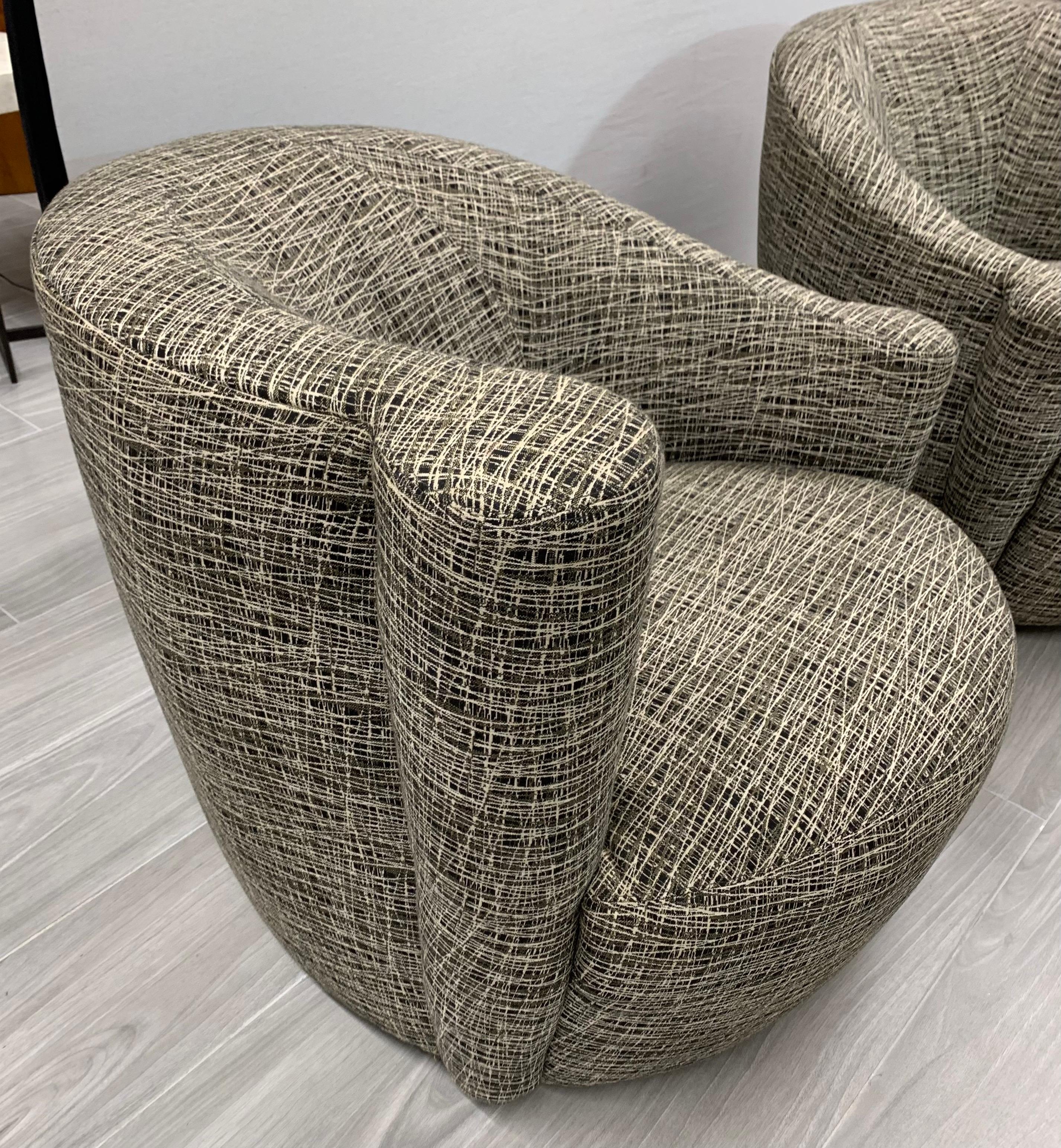 Fabric Pair Mid-Century Modern Nautilus Swivel Chairs with New Abstract Upholstery For Sale