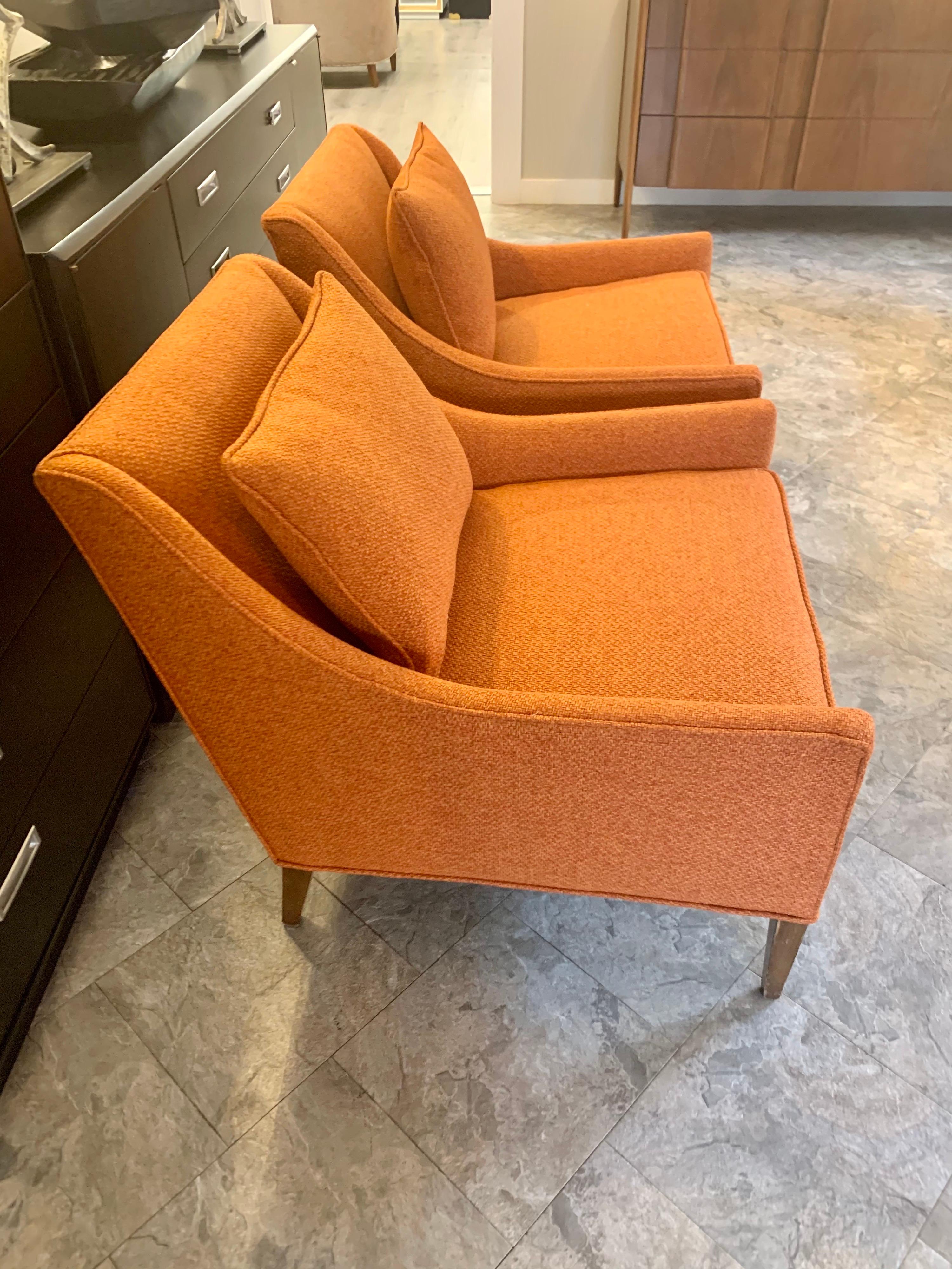 North American Pair Mid-Century Modern Newly Upholstered in Hermes Orange Colored Fabric Chairs