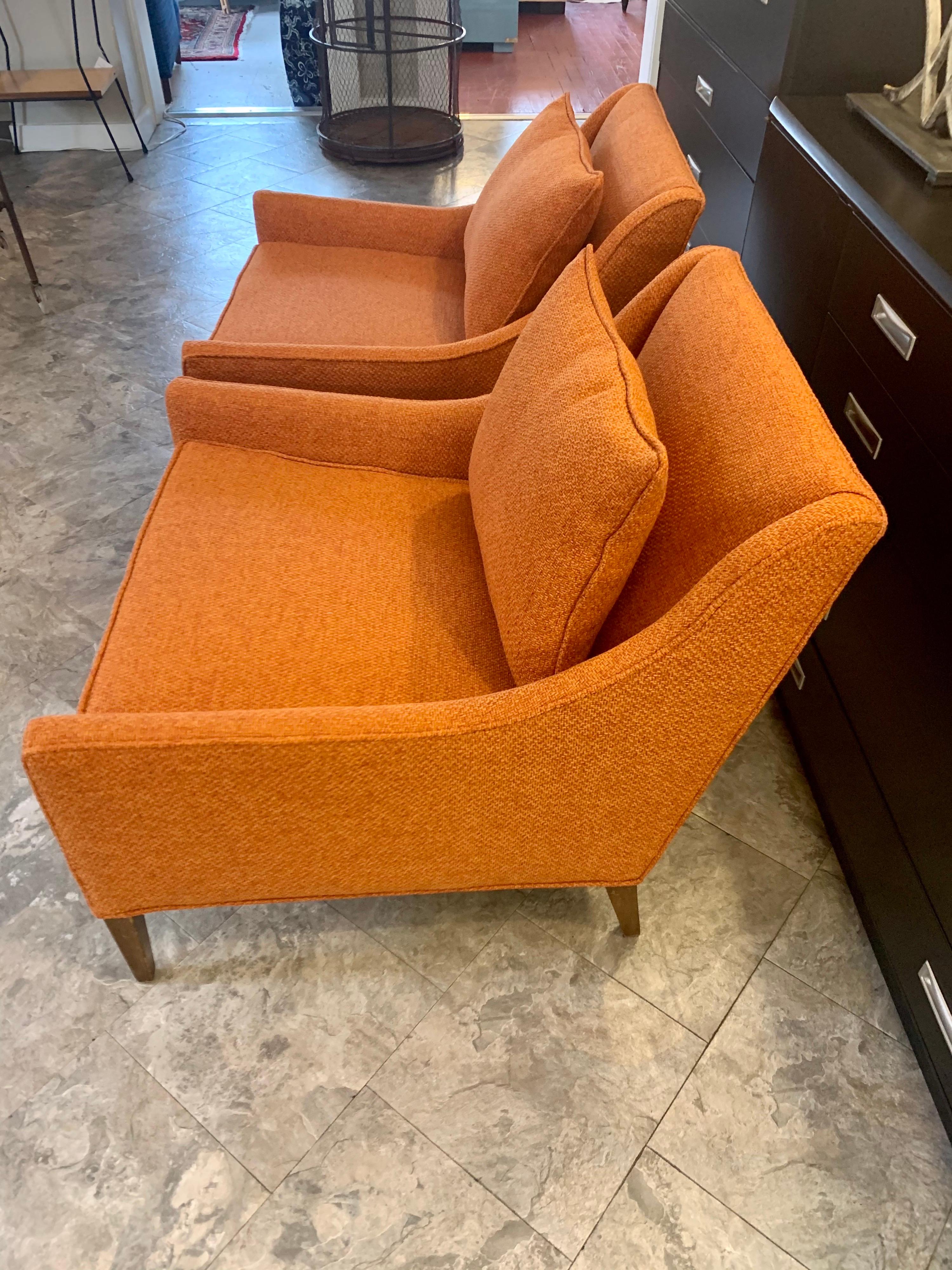 Pair Mid-Century Modern Newly Upholstered in Hermes Orange Colored Fabric Chairs In Good Condition In West Hartford, CT