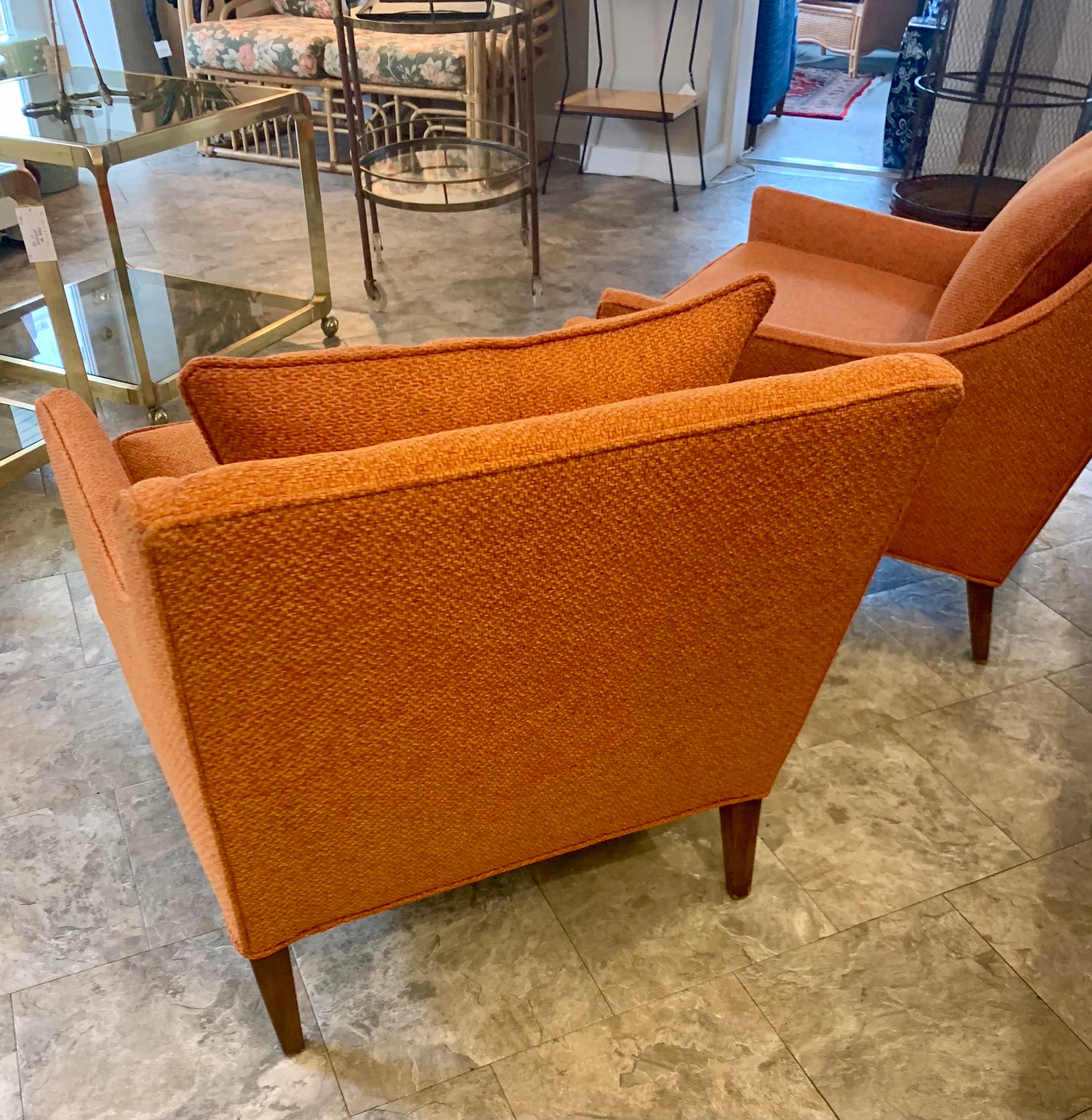 Late 20th Century Pair Mid-Century Modern Newly Upholstered in Hermes Orange Colored Fabric Chairs