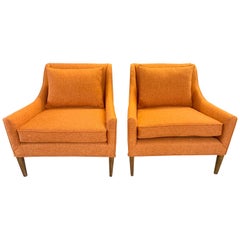 Pair Mid-Century Modern Newly Upholstered in Hermes Orange Colored Fabric Chairs