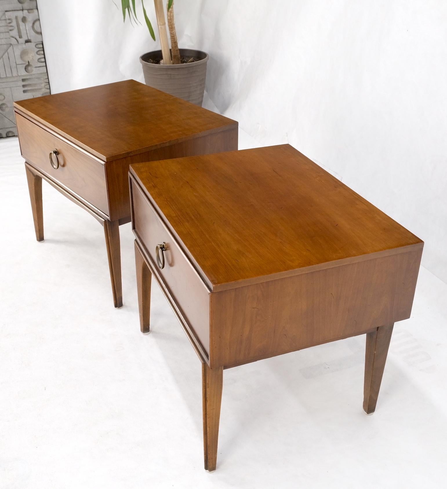 Pair Mid-Century Modern One Drawer End Side Tables Night Stands Brass Ring Pulls For Sale 7