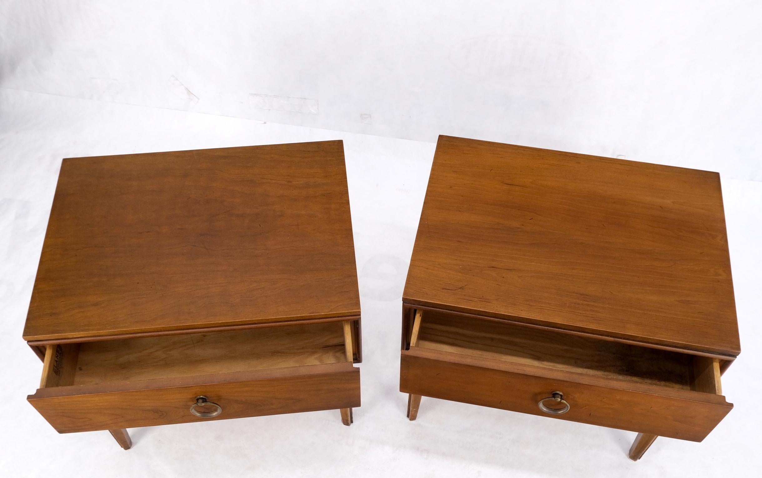 Pair Mid-Century Modern One Drawer End Side Tables Night Stands Brass Ring Pulls For Sale 8