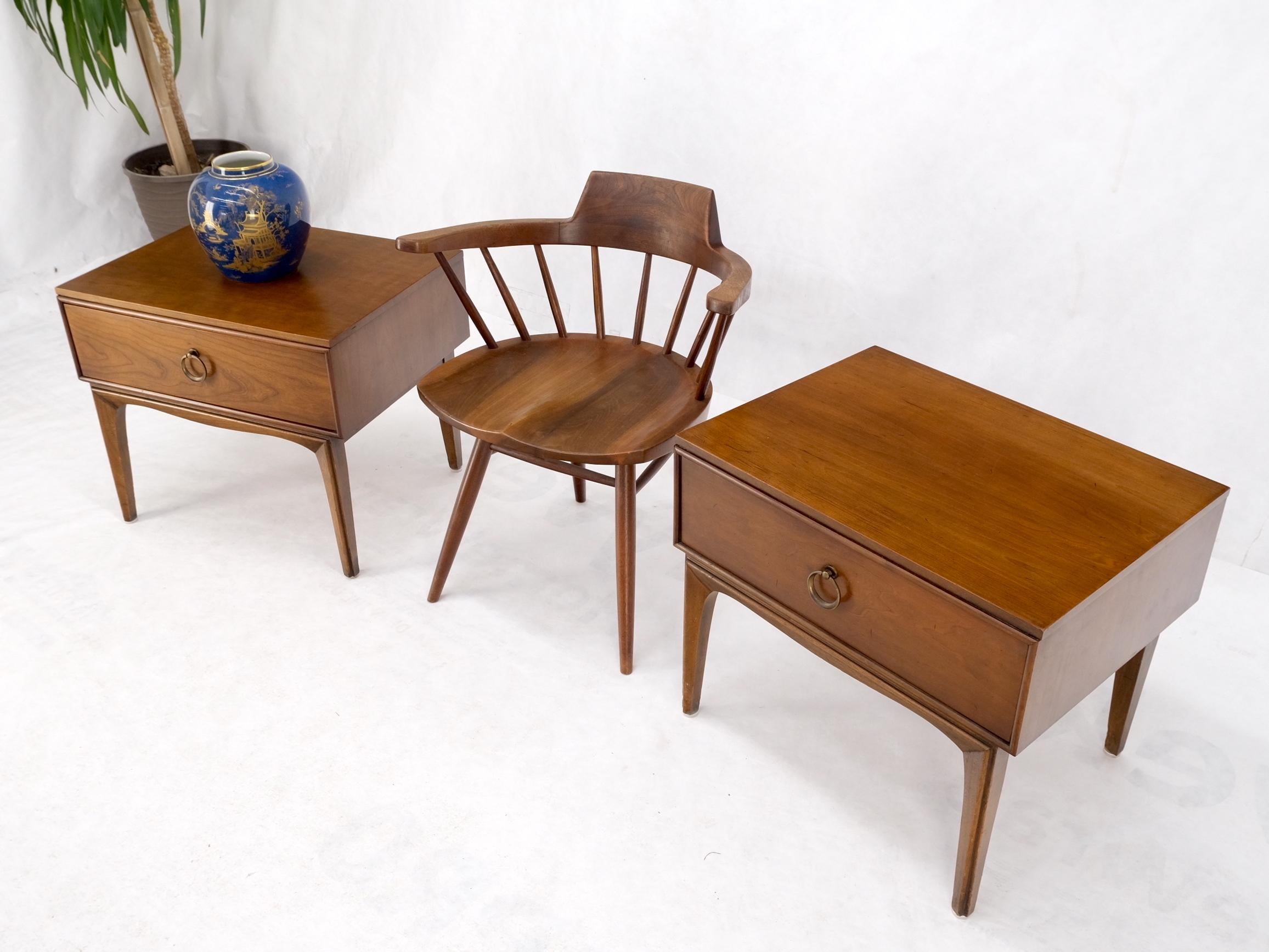 Pair Mid-Century Modern one drawer end side tables nightstands brass ring pulls.