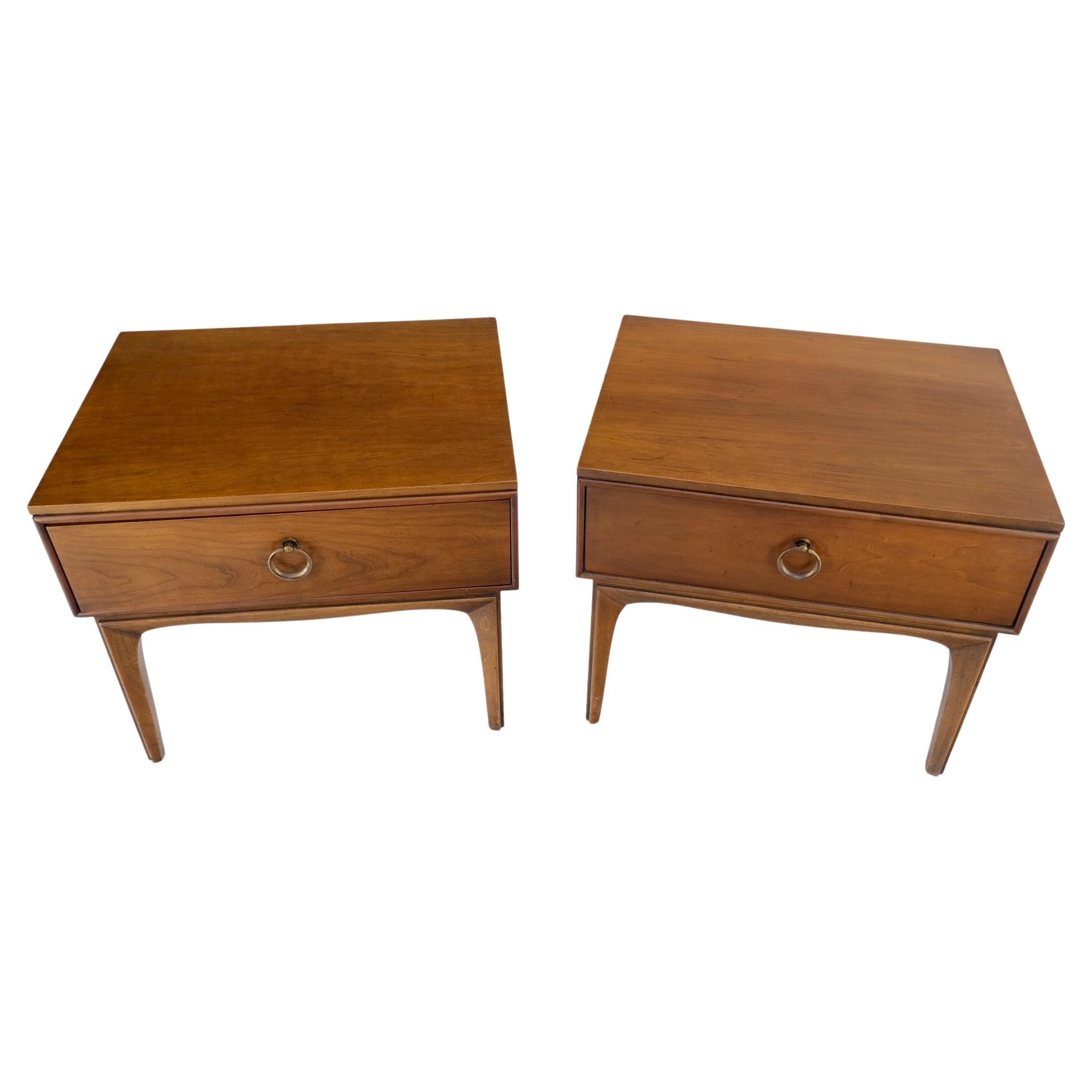 Pair Mid-Century Modern One Drawer End Side Tables Night Stands Brass Ring Pulls For Sale