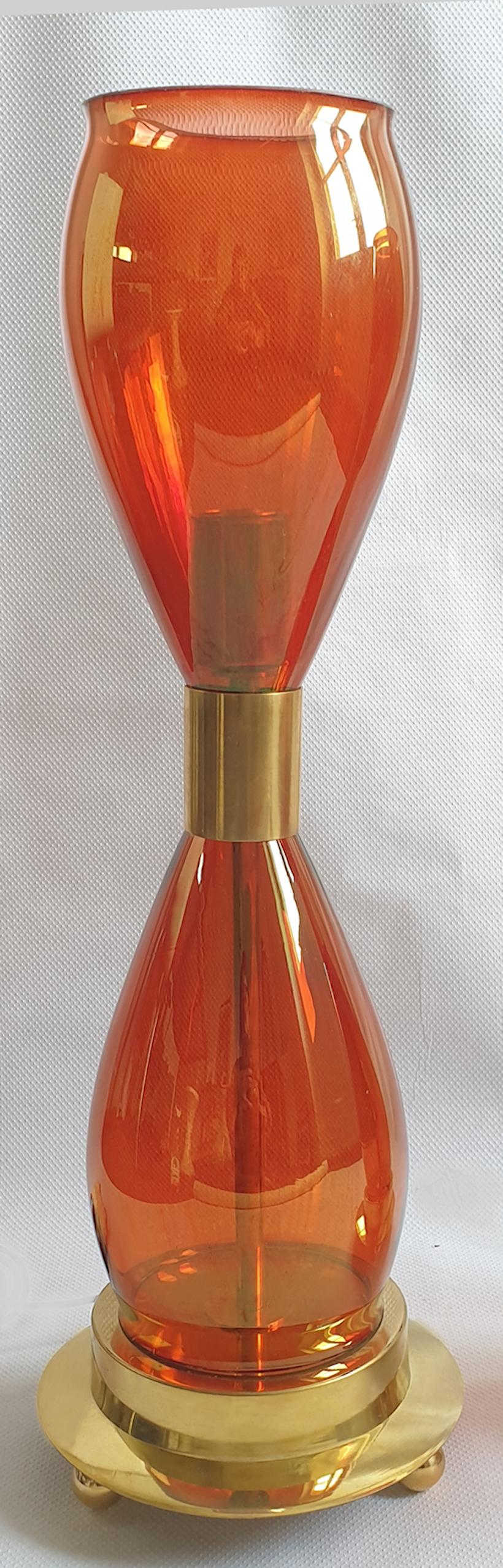 Italian Pair Mid-Century Modern Orange Murano Glass & Brass Lamps Seguso Styl Italy 1970